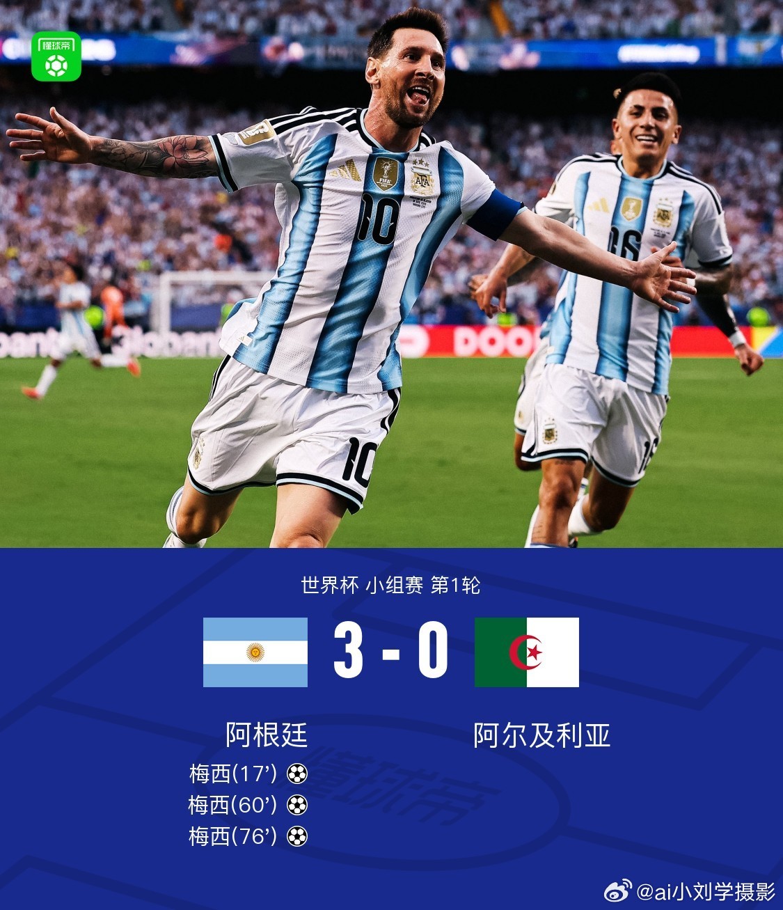阿根廷3比0阿尔及利亚梅西帽子戏法全场落幕！卫冕冠军阿根廷3-0轻松拿下阿尔及利