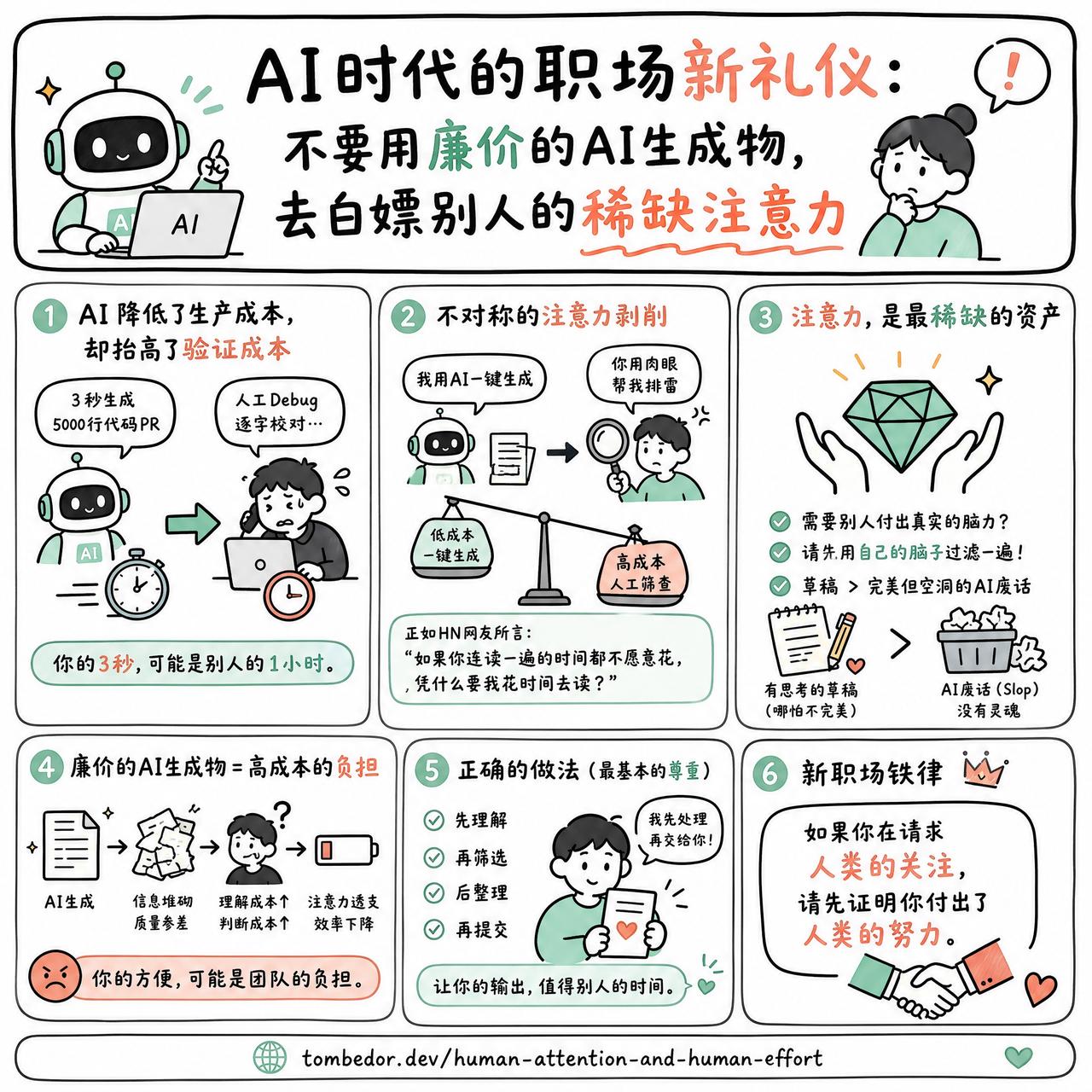 【AI时代的职场新礼仪：不要用廉价的AI生成物，去白嫖别人的稀缺注意力】

AI