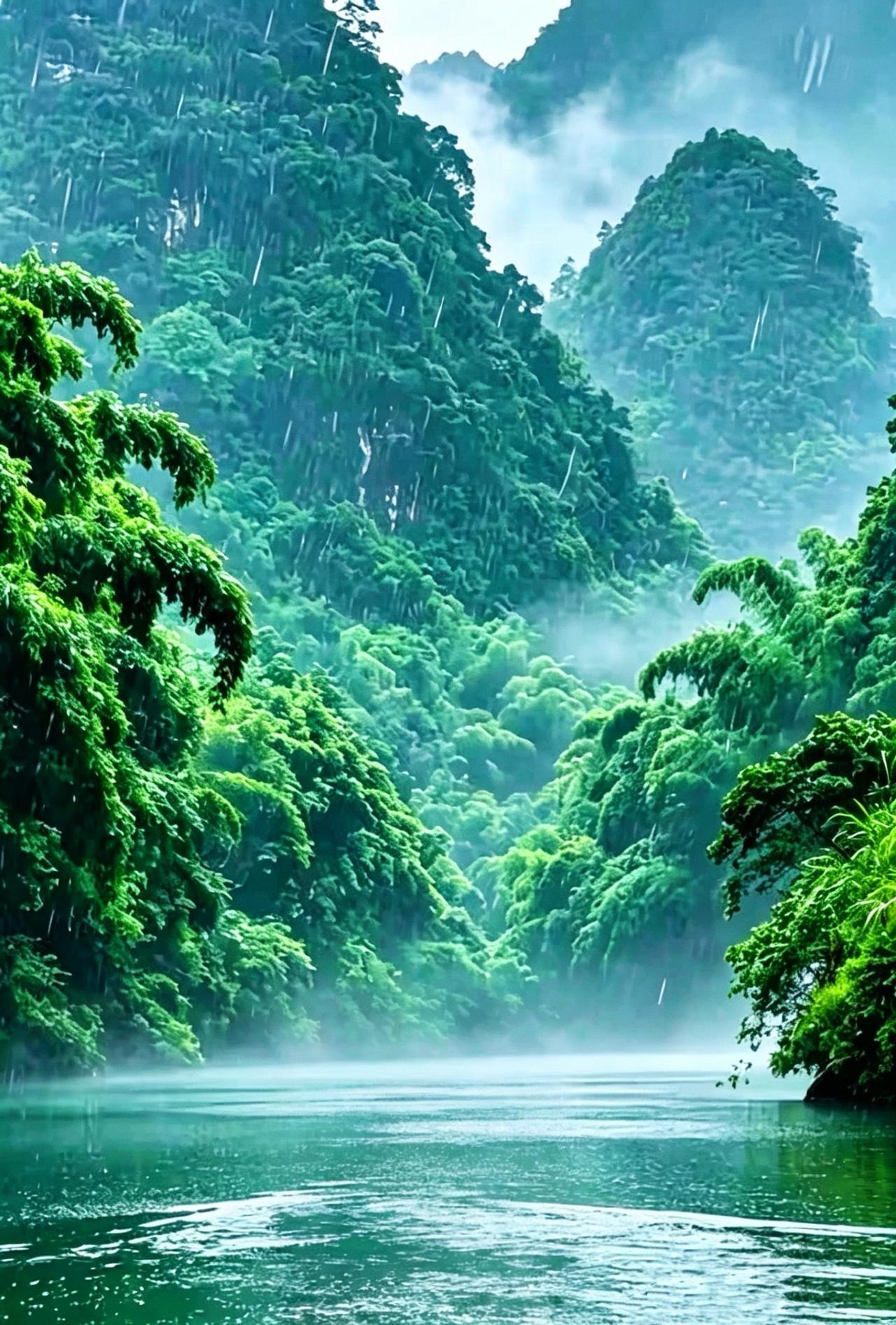西江月•烟雨翠峰
骤雨洗空叠嶂，
烟波锁住清湾。
千重绿影浸寒澜，
尽把尘心浣遍