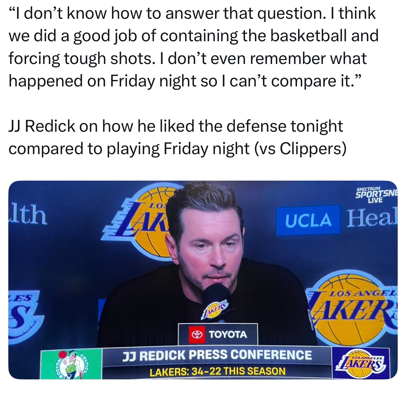 JJ·雷迪克在比较今晚与周五（对阵快船）的防守表现时表示：“我不知道该怎么回答这