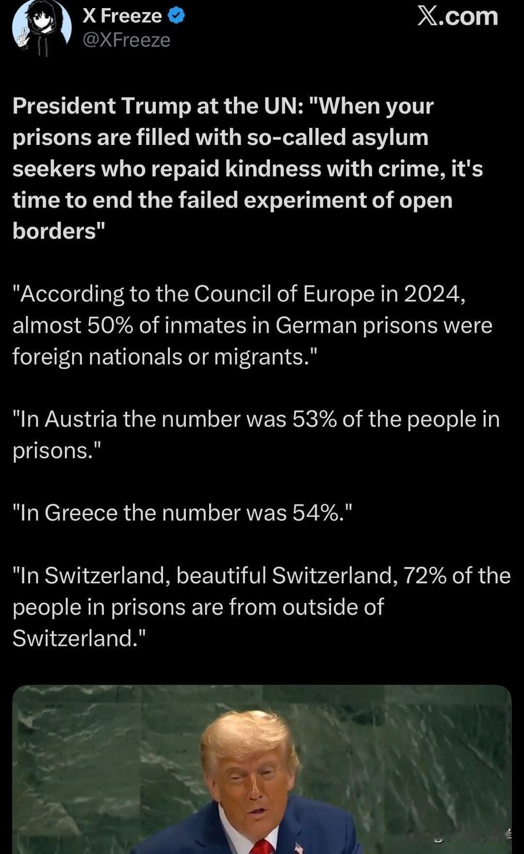 川普总统在联合国表示：

“当你们的监狱里挤满了所谓的寻求庇护者，这些人以犯罪回