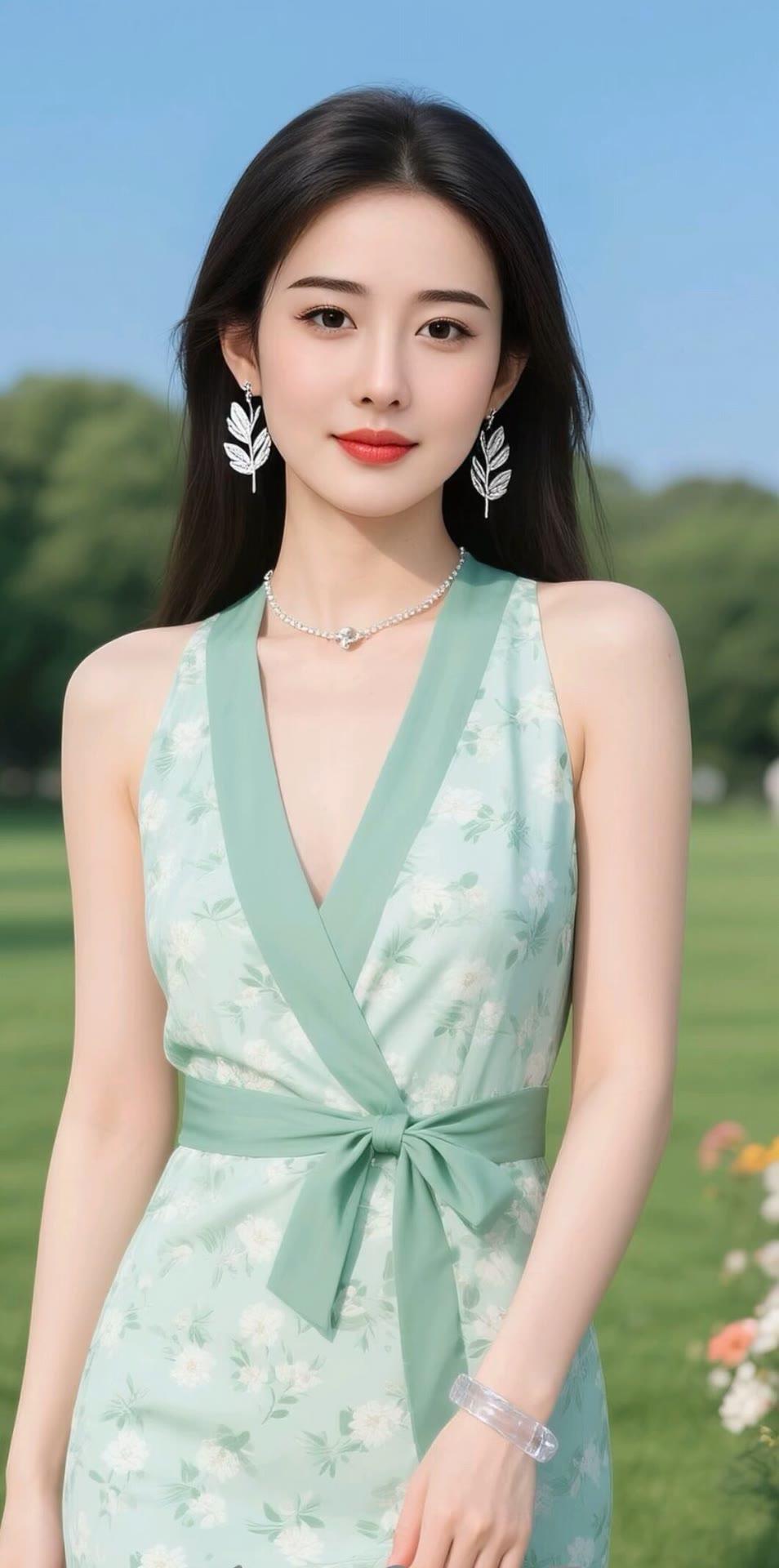 清新夏日穿搭，浅绿色连衣裙搭配珍珠项链，优雅自然。