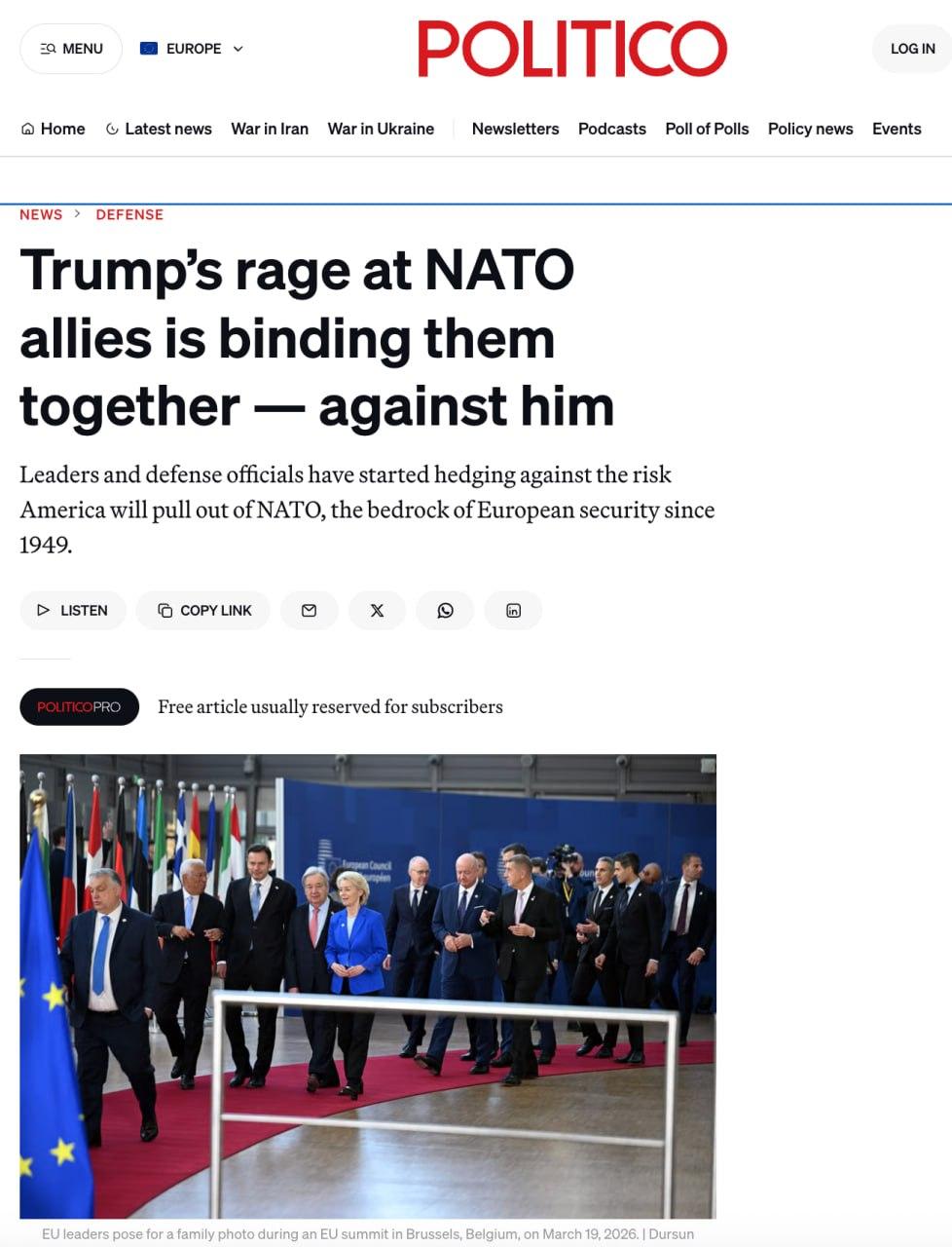 Politico爆出大新闻：特朗普对北约盟友的疯狂抨击，没压服欧洲，反而把各国彻