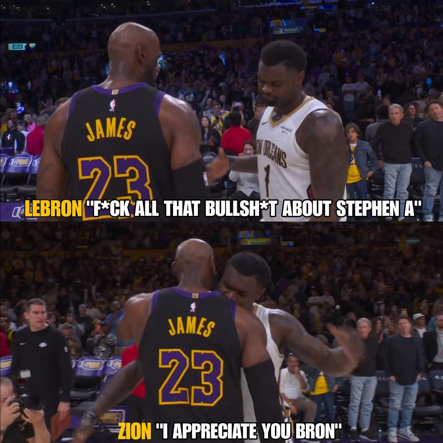 詹姆斯对锡安说：别理会那些胡说八道的废话。此前美国杨毅A-史密斯称锡安是个吃货，