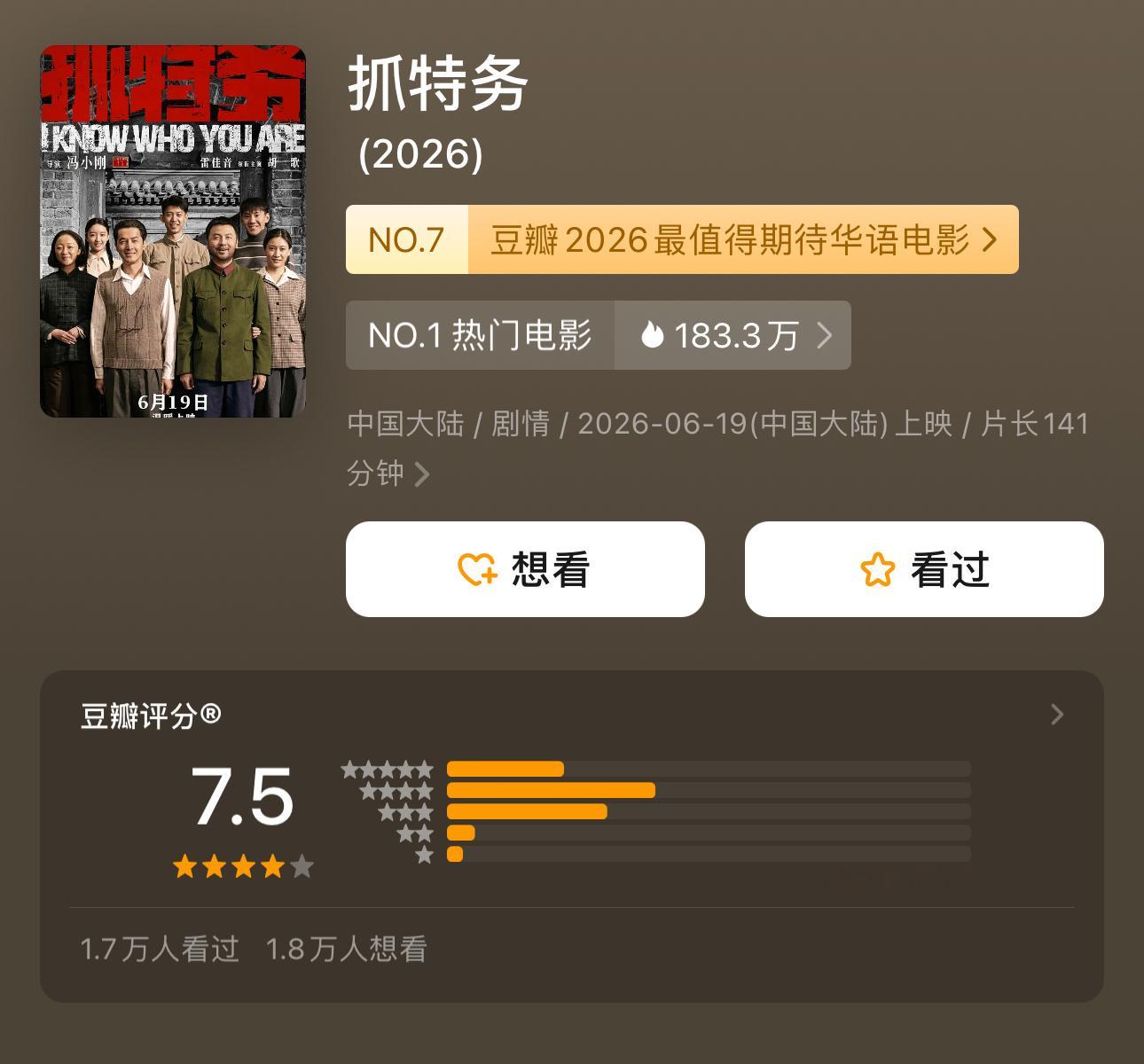 抓特务开分7.5 端午档最好的国产片，其它的都不太行。 