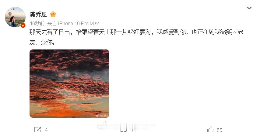 陈乔恩连续九年晒粉色天空悼念乔任梁陈乔恩连续九年悼念乔任梁 “那天去看了日出，抬