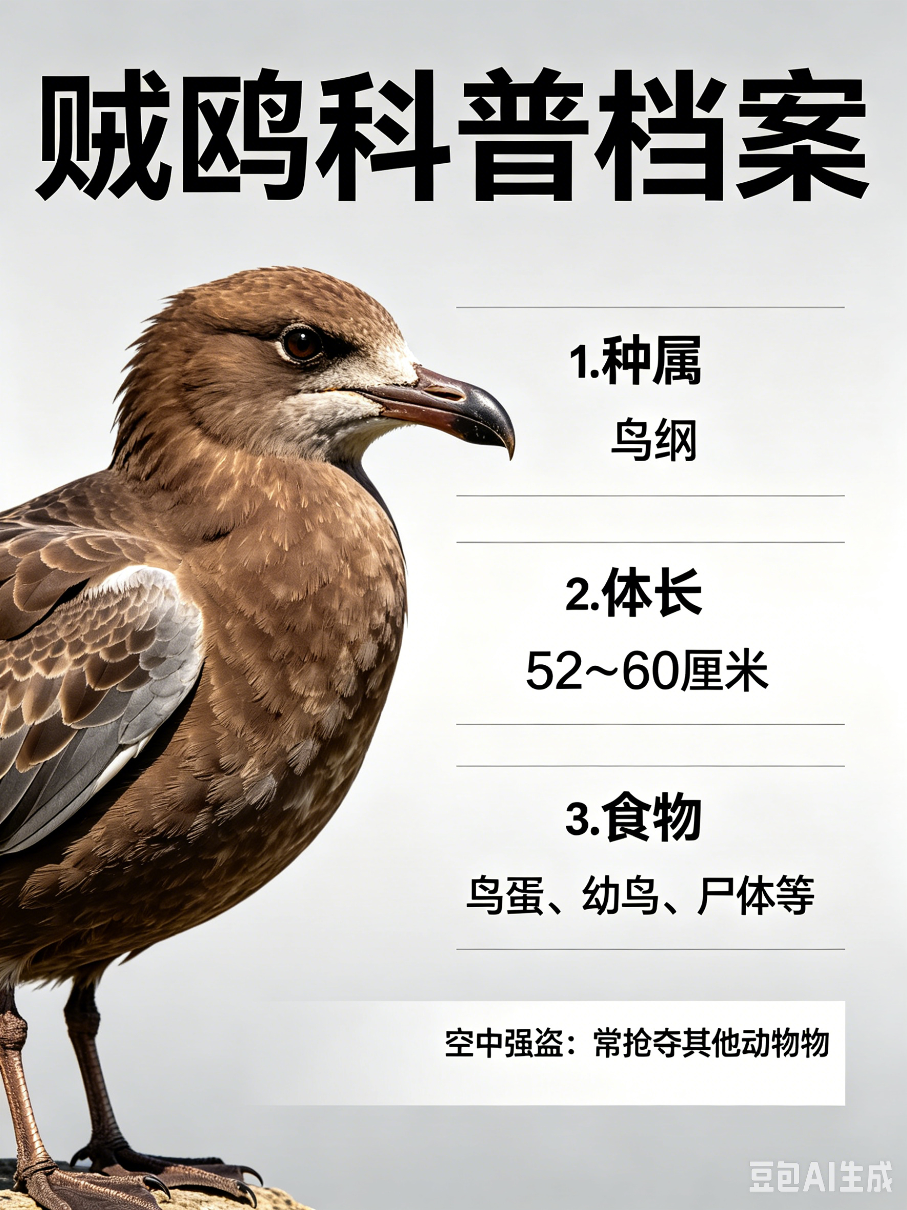 海洋朋友圈 贼鸥海洋档案种　属：鸟纲体　长：52～60厘米食　物：鸟蛋、幼鸟、尸
