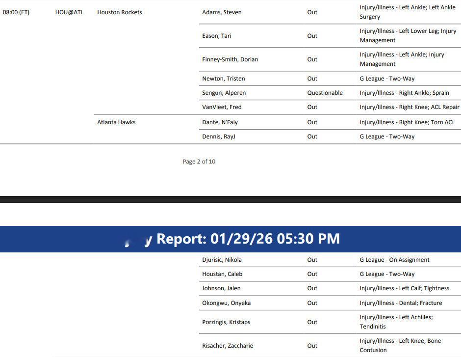 今早9点 火箭vs老鹰火箭伤停报告：申京 - 出战成疑伊森、芬尼史密斯、亚当斯、