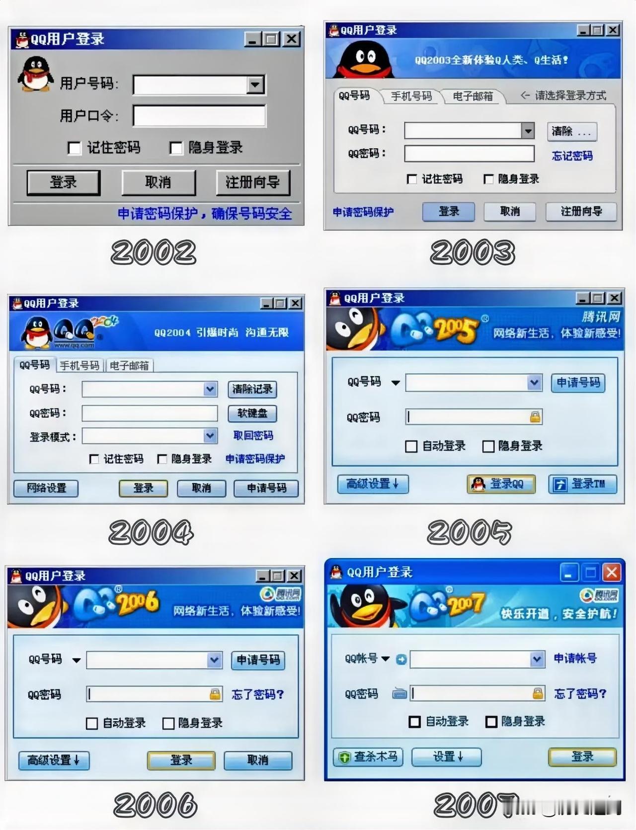 你是从哪一年开始用QQ的？还记得你的第一个QQ号吗？

这几张QQ登录界面截图，