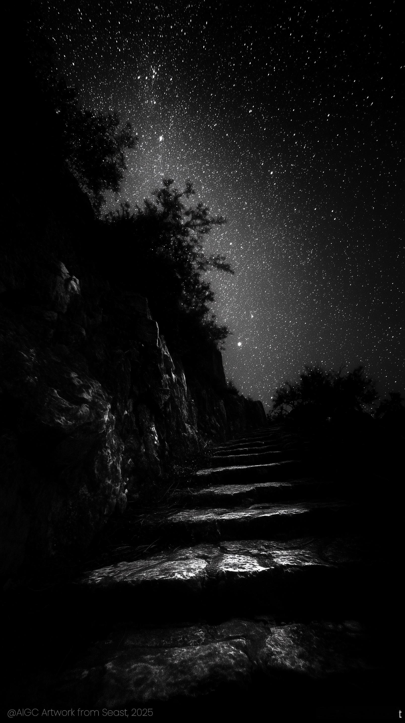AI创造营路《追星》在黑与白交织的视觉诗篇里，将时光凝固成永恒的追逐。繁星仿佛是