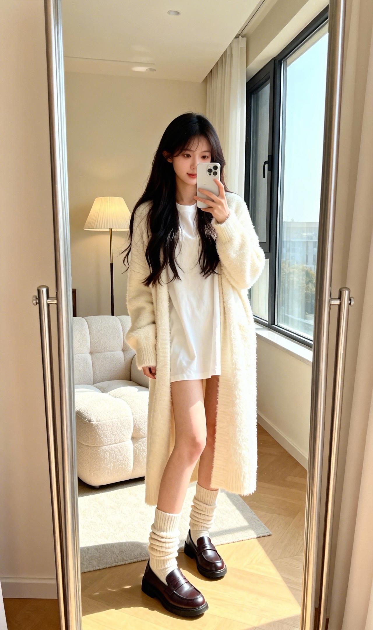 温暖冬日穿搭，毛绒外套+白色连衣裙，舒适又时尚！🌞👗🧥毛绒系穿搭 甜美小仙