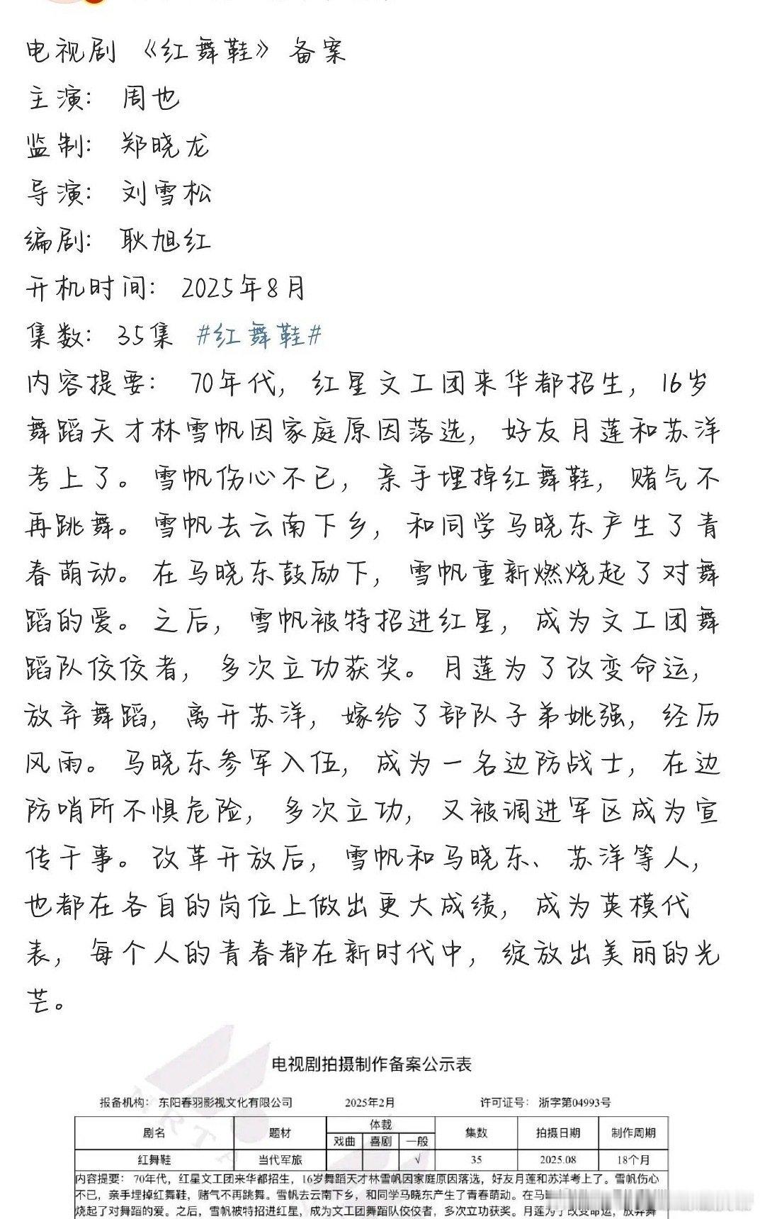 郑晓龙监制的电视剧《红舞鞋》9月开机主演：周也、王子奇导演：刘雪松  (小站警事