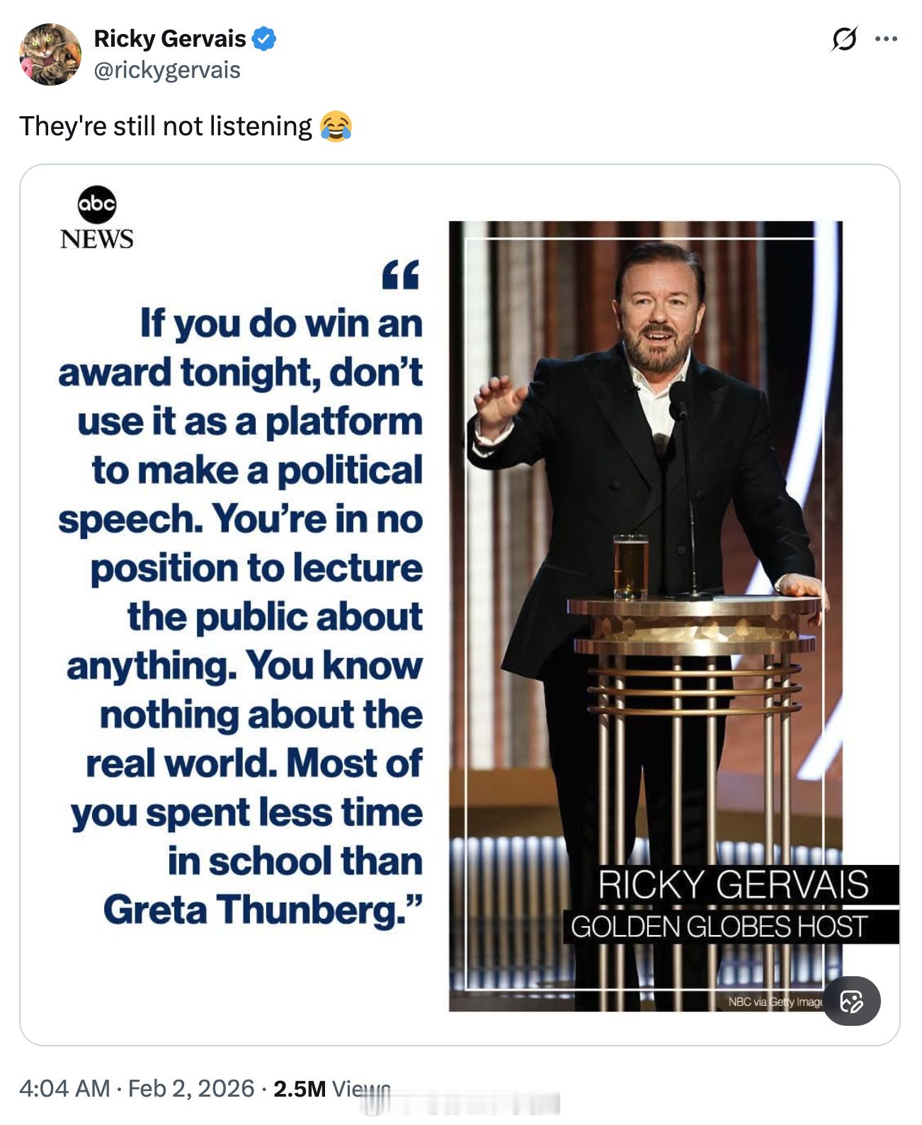 看了昨晚格莱美，Ricky Gervais：他们还是不听啊 😂 