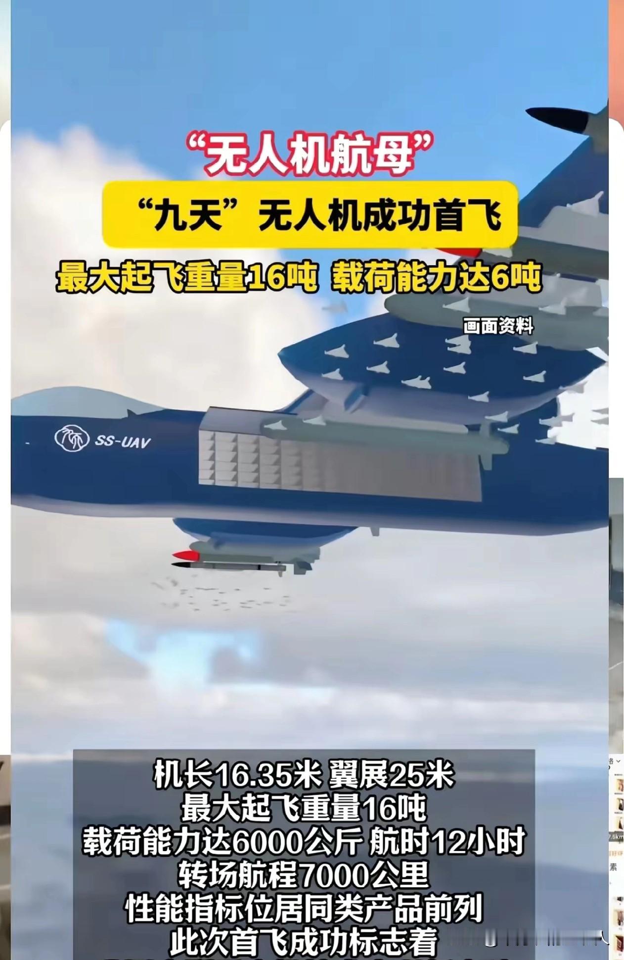 有了这个九天无人机，还要啥轰炸机呀！
这飞行高度、载弹量，还有7000公里的航程