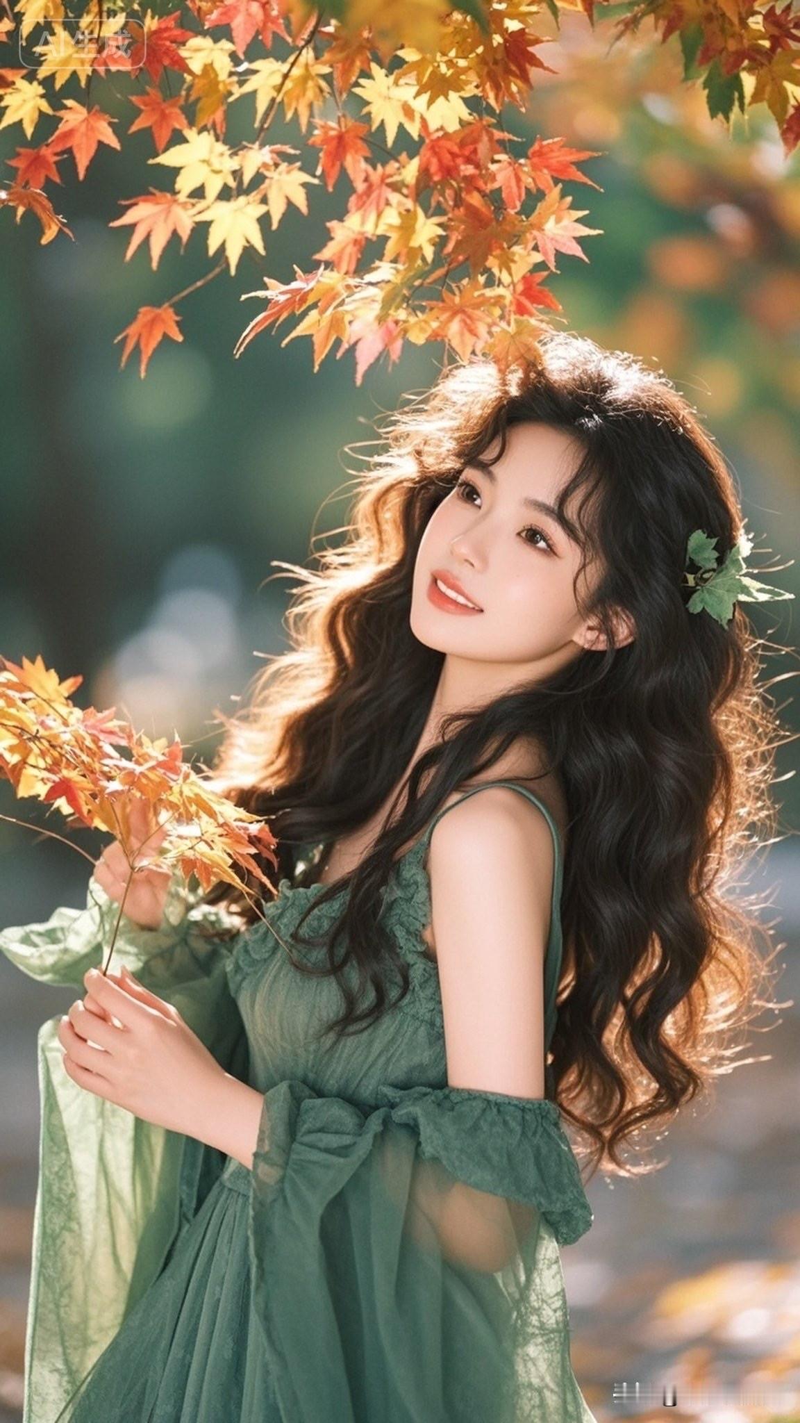 秋日暖阳下，绿裙少女与落叶共舞