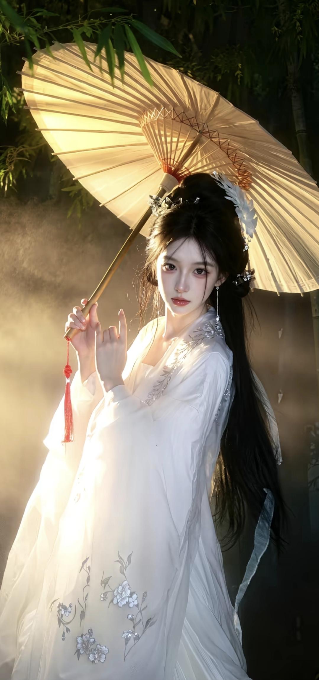 “古风少女，撑伞漫步在竹林间，宛如画中仙子”🌿💃🏻