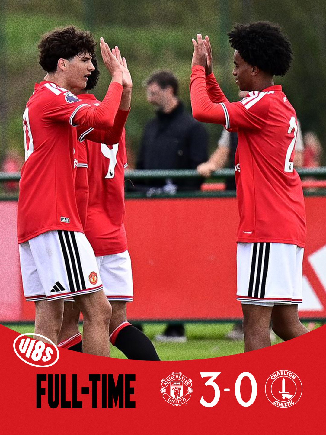 U18英超杯小组赛首轮，曼联U18主场3-0战胜查尔顿U18，卡马乔、赫拉弗与沃