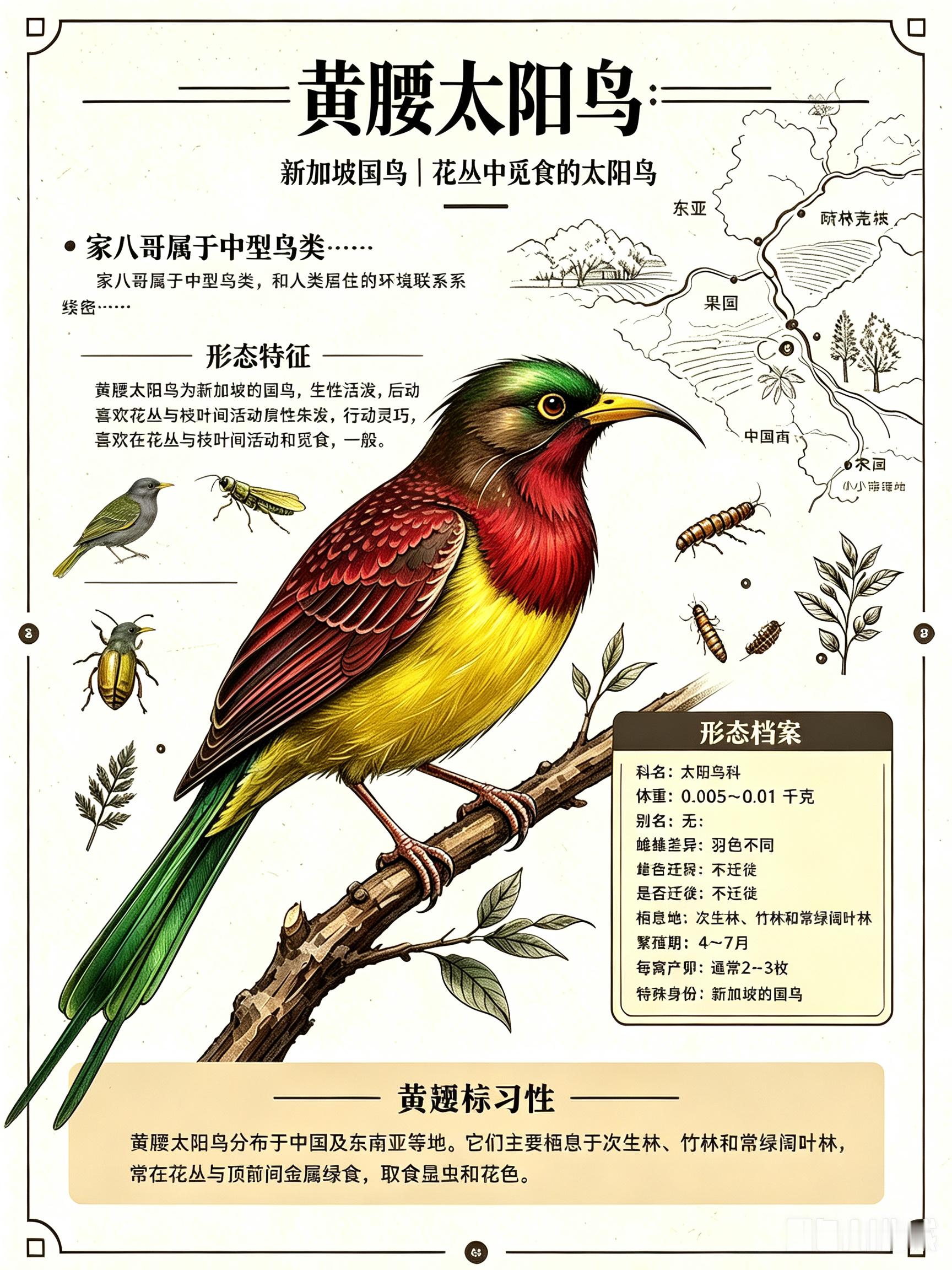 鸟类朋友图鉴 黄腰太阳鸟科名：太阳鸟科体重：0.005～0.01千克别名：无黄腰