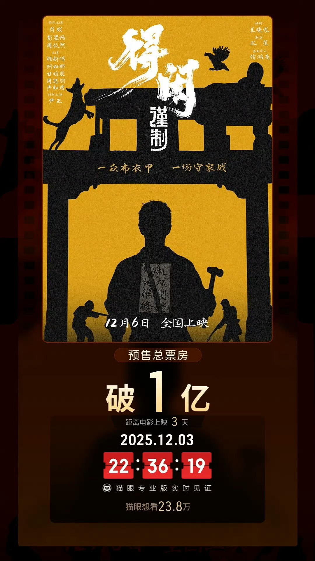 得闲谨制预售总票房破亿   恭喜！猫眼和灯塔的数据显示，得闲谨制预售票房已破亿