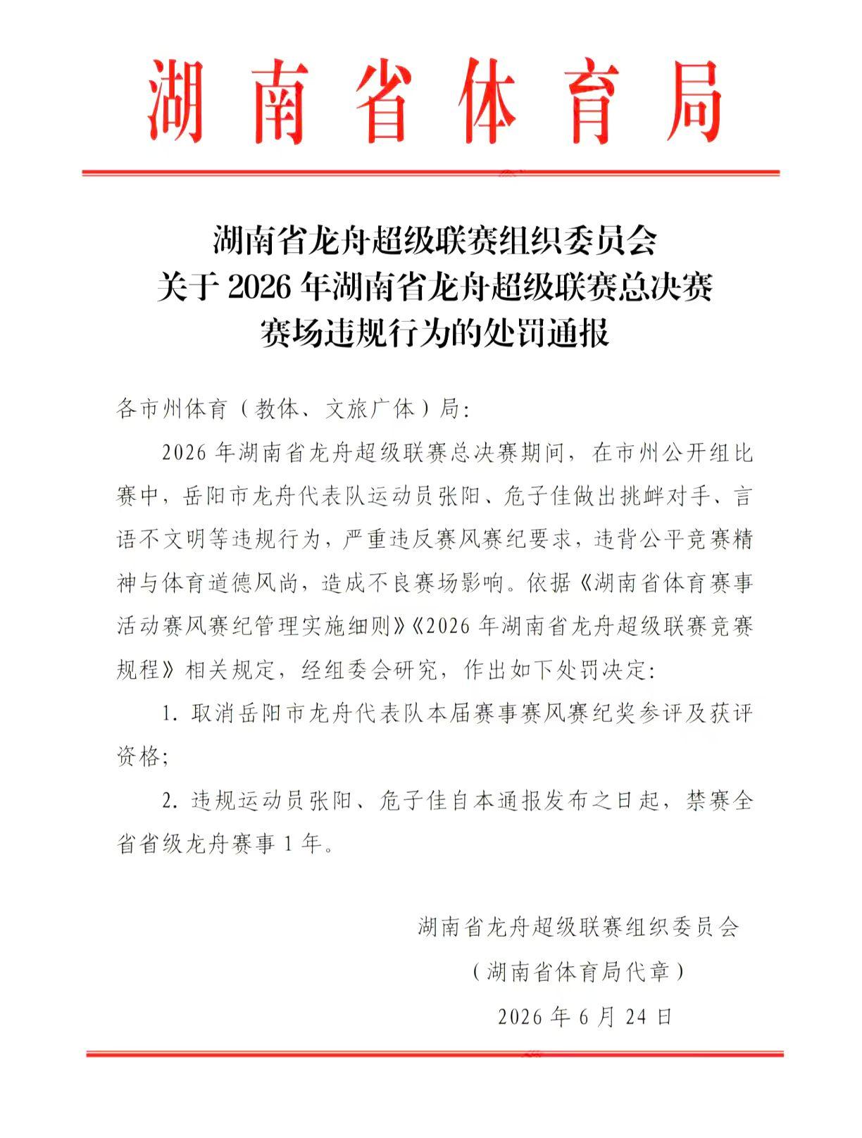岳阳龙舟队受到湖南省体育局的严厉处罚！
都说友谊第一，比赛第二，如果像赛场耍流氓