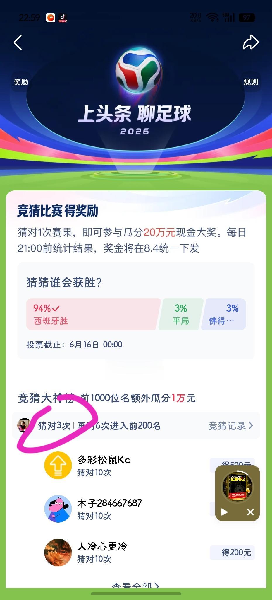 参与竞猜了这么多场⚽球，
目前只猜对了3️⃣场，
最主要我都没有猜平局，
🉑就