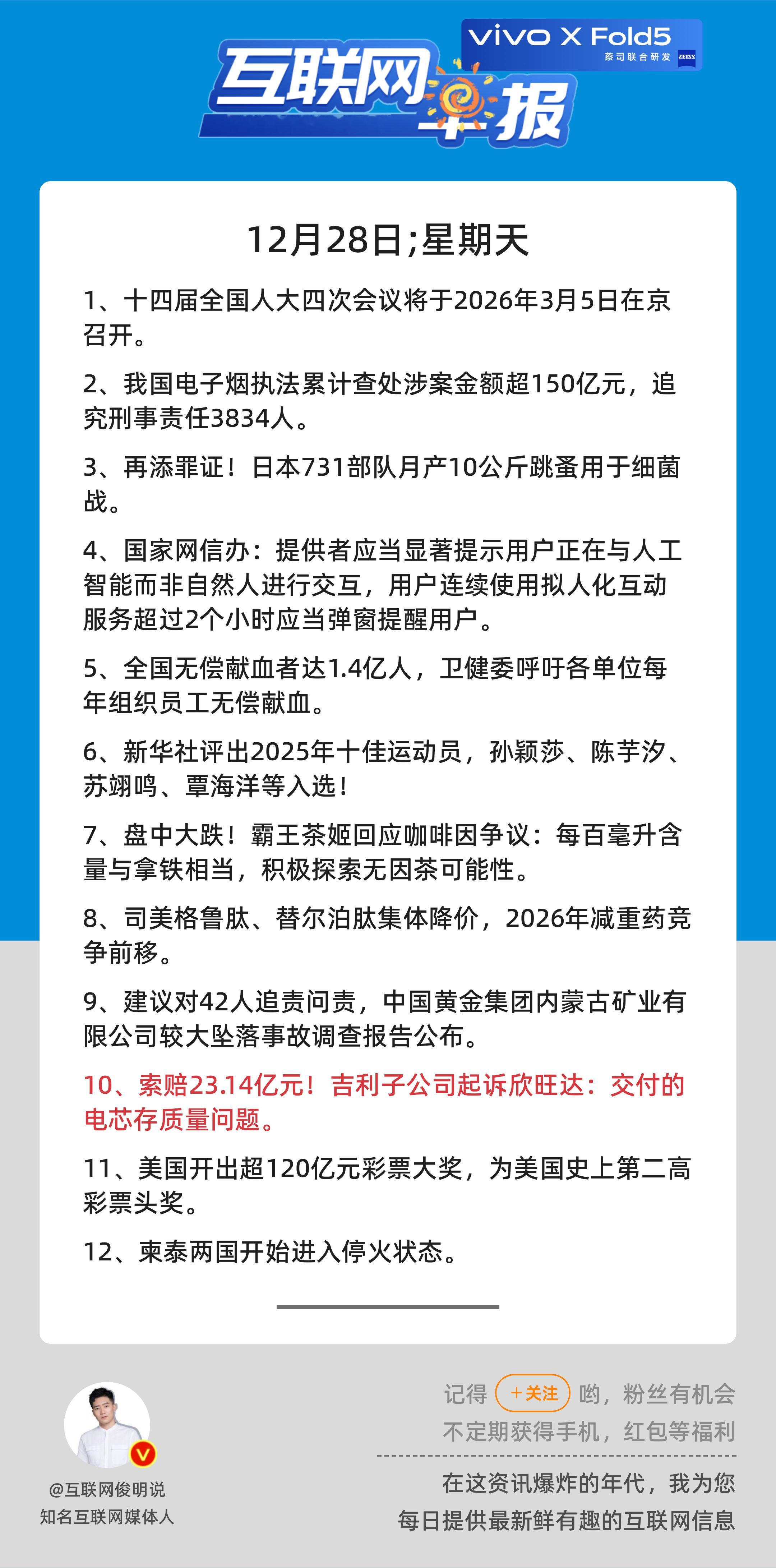 12月28日，星期天，《第3001期》；互联网早报，众览天下事关心第10条：索赔