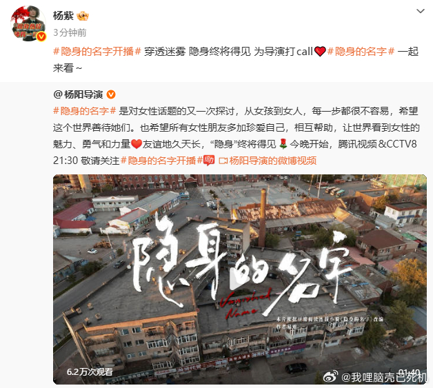 杨紫给杨阳导演新剧打call杨紫也在追隐身的名字 杨紫给杨阳导演新剧打call，