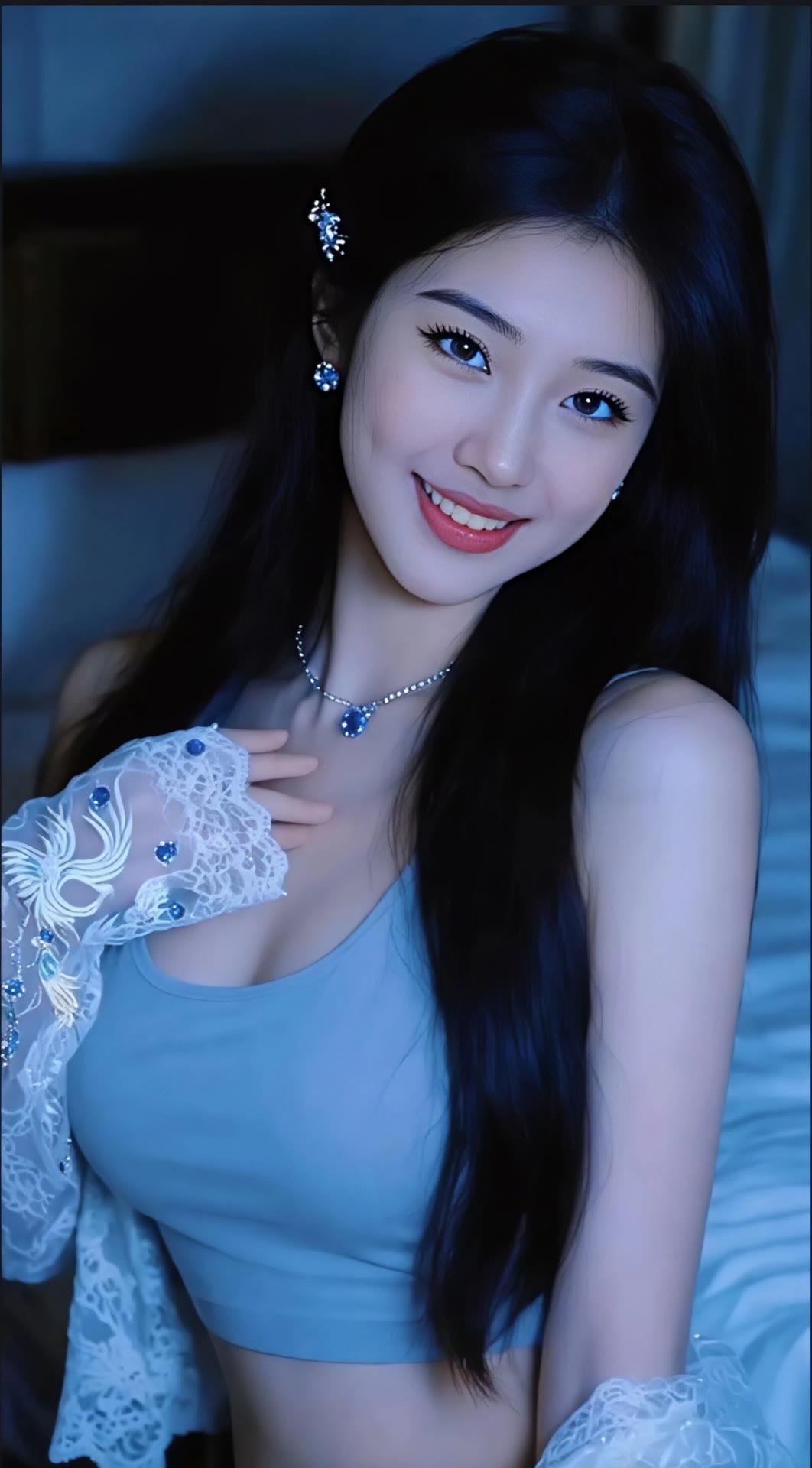 甜美少女风，蓝色蕾丝搭配，温柔笑容，梦幻氛围