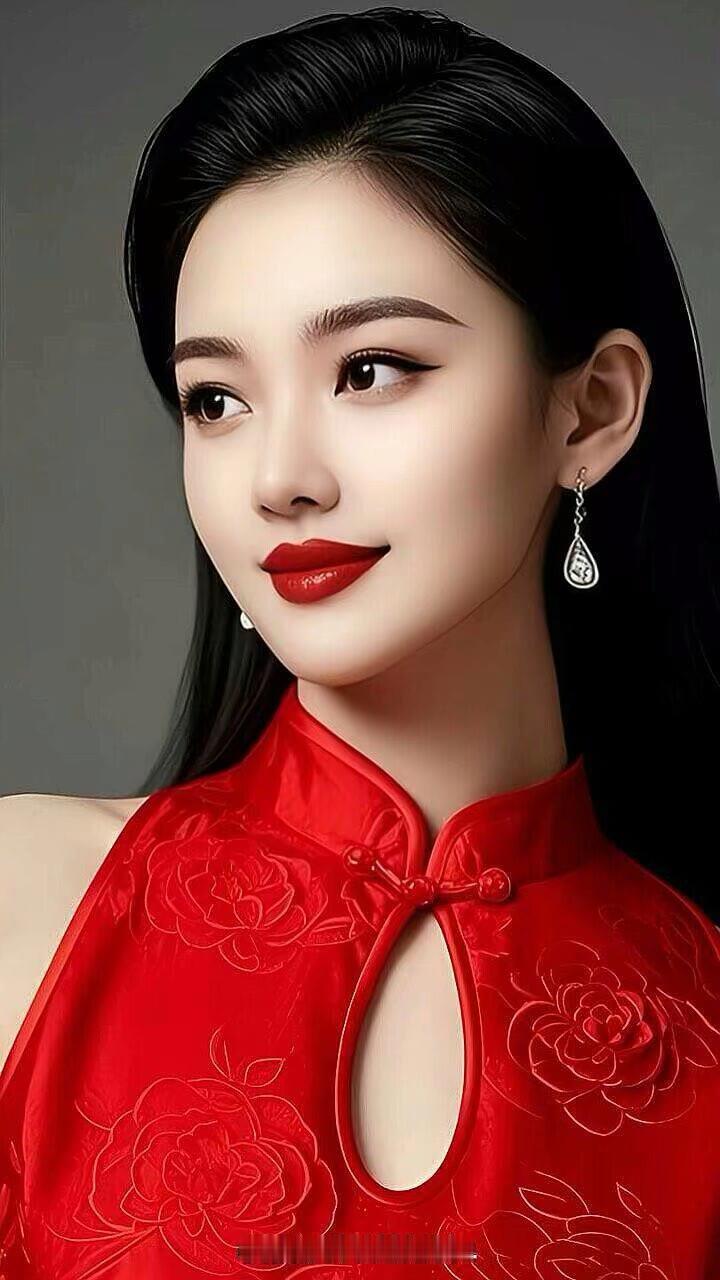 惊艳的东方美人，红衣花影，优雅动人。