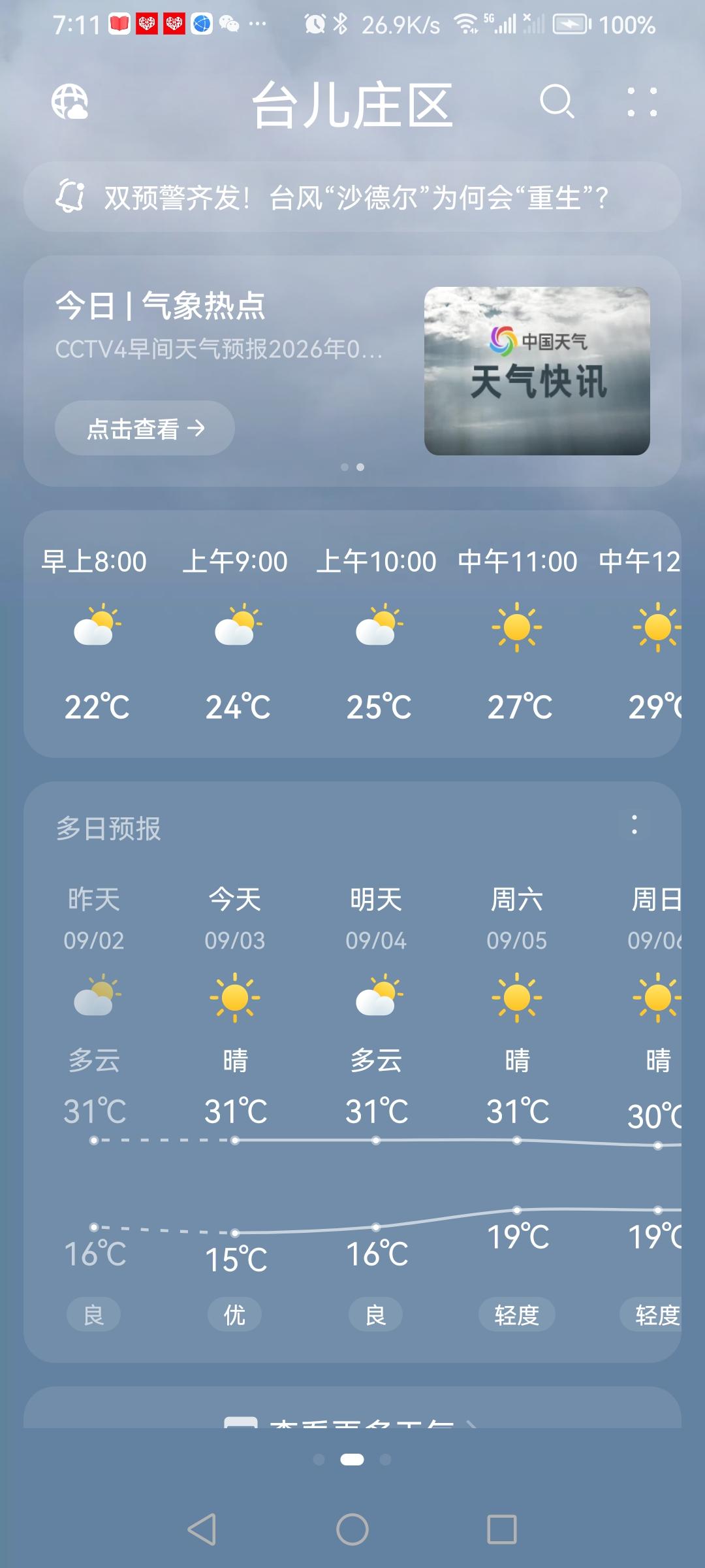 “9.3”周四，天气预报“晴”。气温15—31度