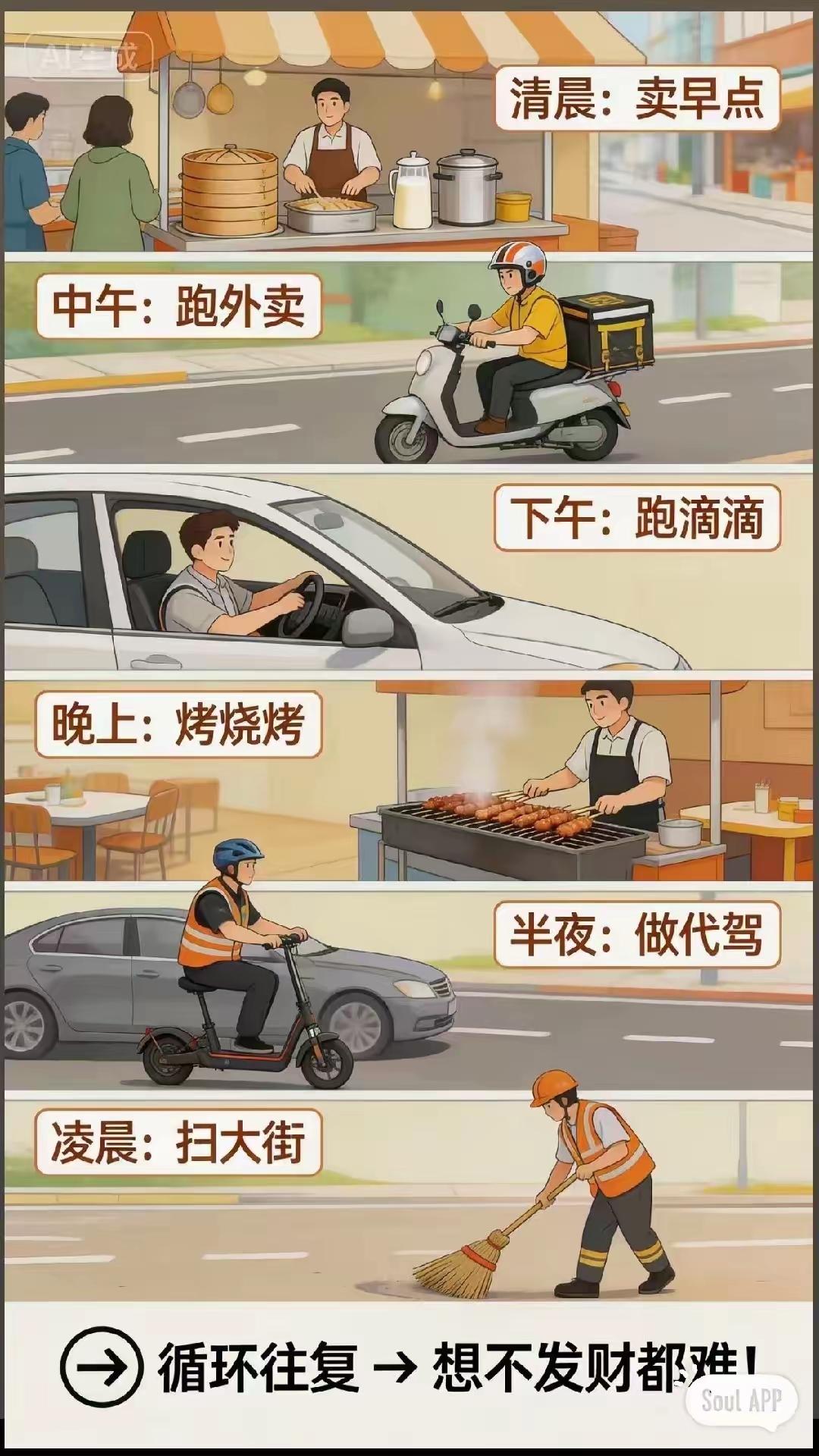 你看，一天都能身兼数职，把一天的时间安排得明明白白。这样的人，想不成功都难，钞票