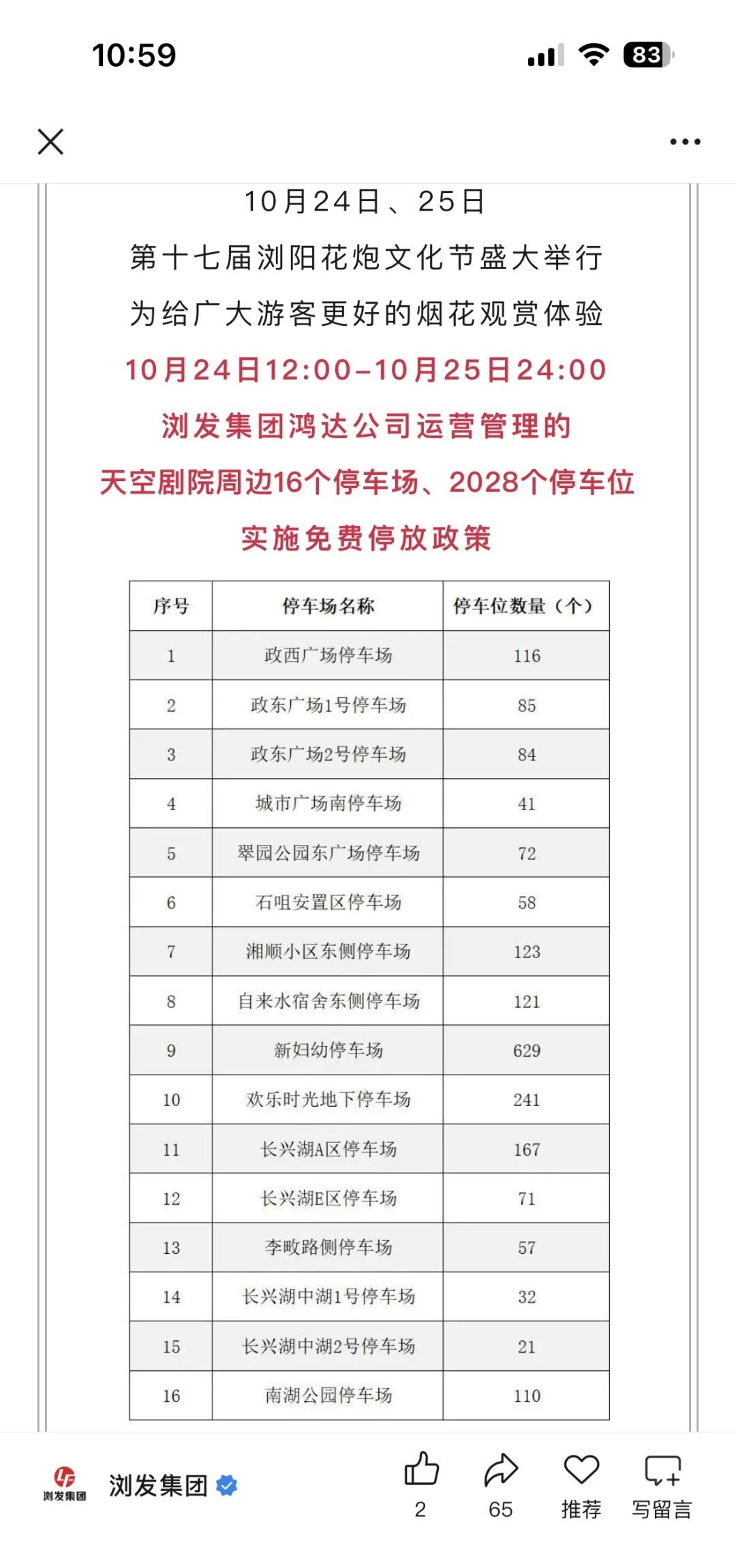 浏阳市区16个停车场、2028个停车位免费停放
10月24日、25日第十七届浏阳