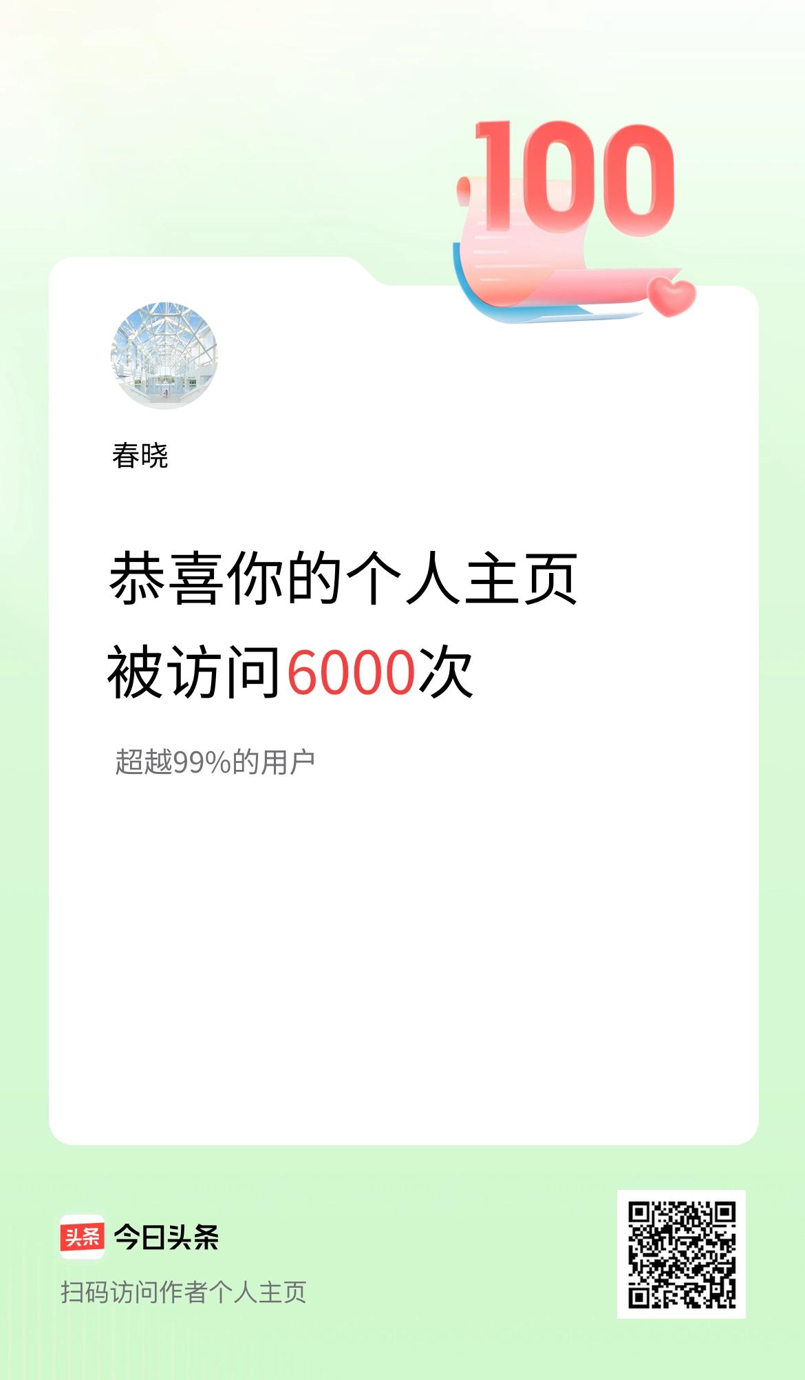 我的头条个人主页被访问6000次啦！