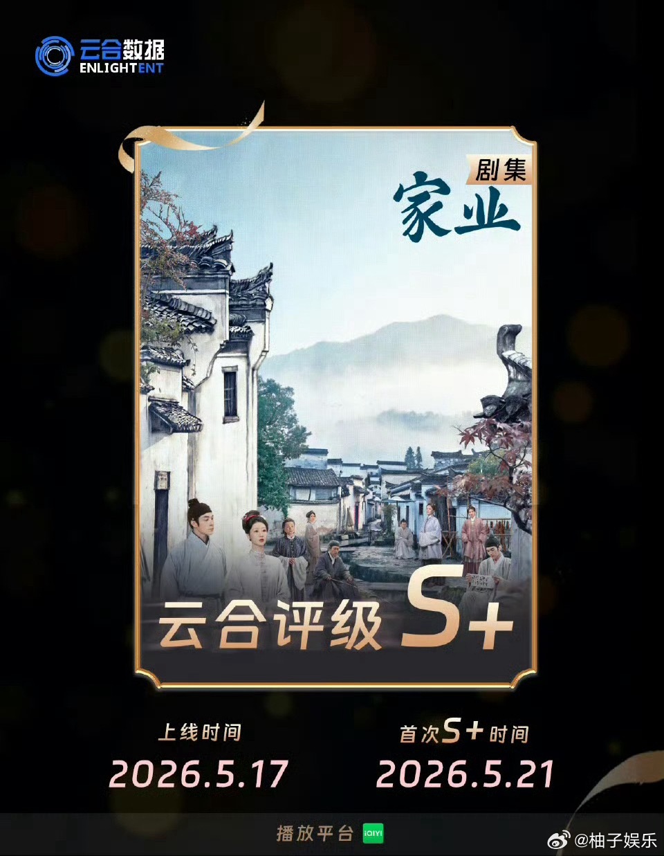 杨紫家业云合评级出了S+级别，播放占比13.9%，口碑持续发酵中，今晚继续看杨紫