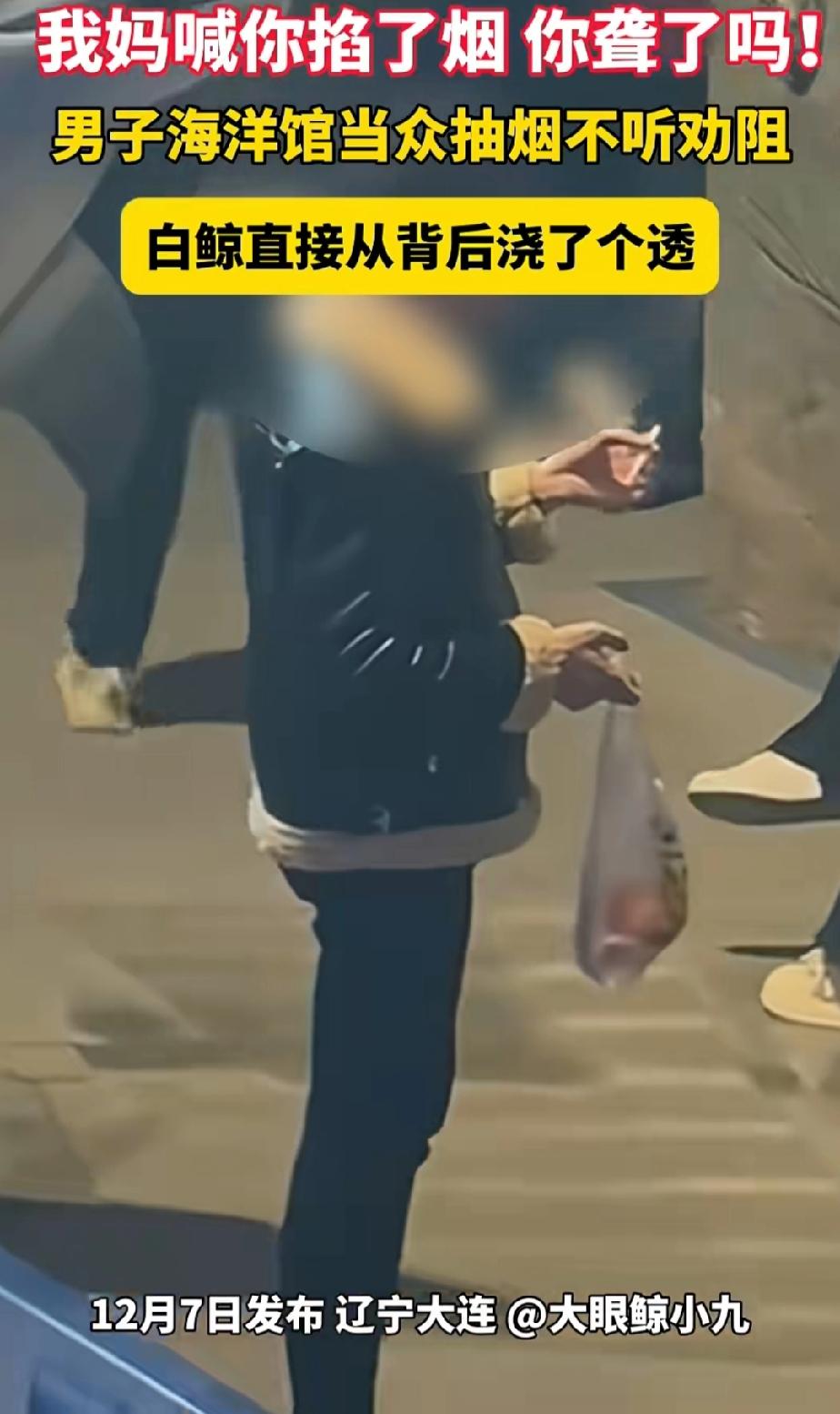 辽宁大连，一男子在海洋馆中，旁若无人地吸烟，工作人员前去劝阻，可男子不听。

好