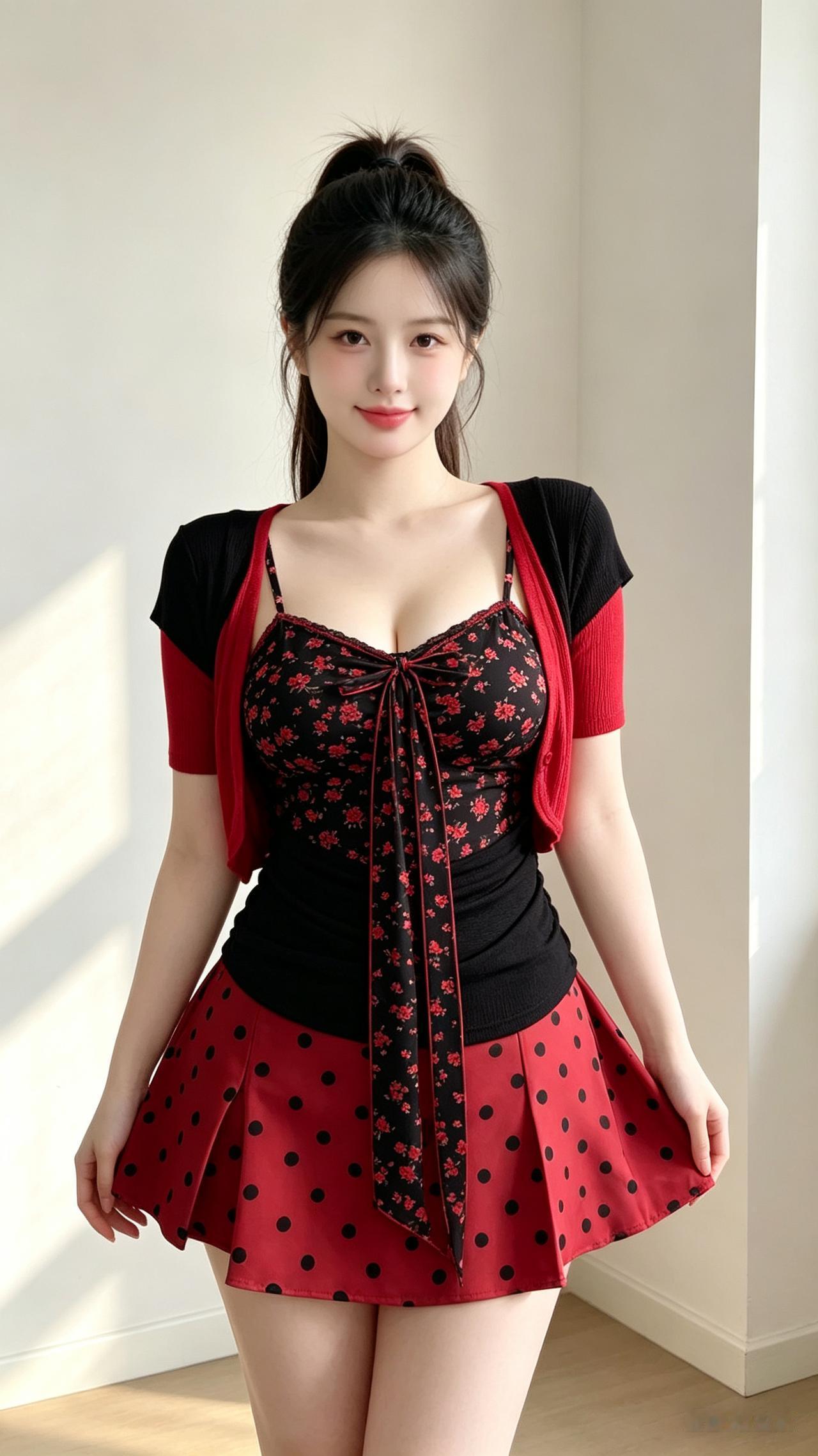 冷白皮高马尾甜妹，全套黑红系针织开衫碎花吊带百褶裙，保留服装原有剪裁层次，浅纯色