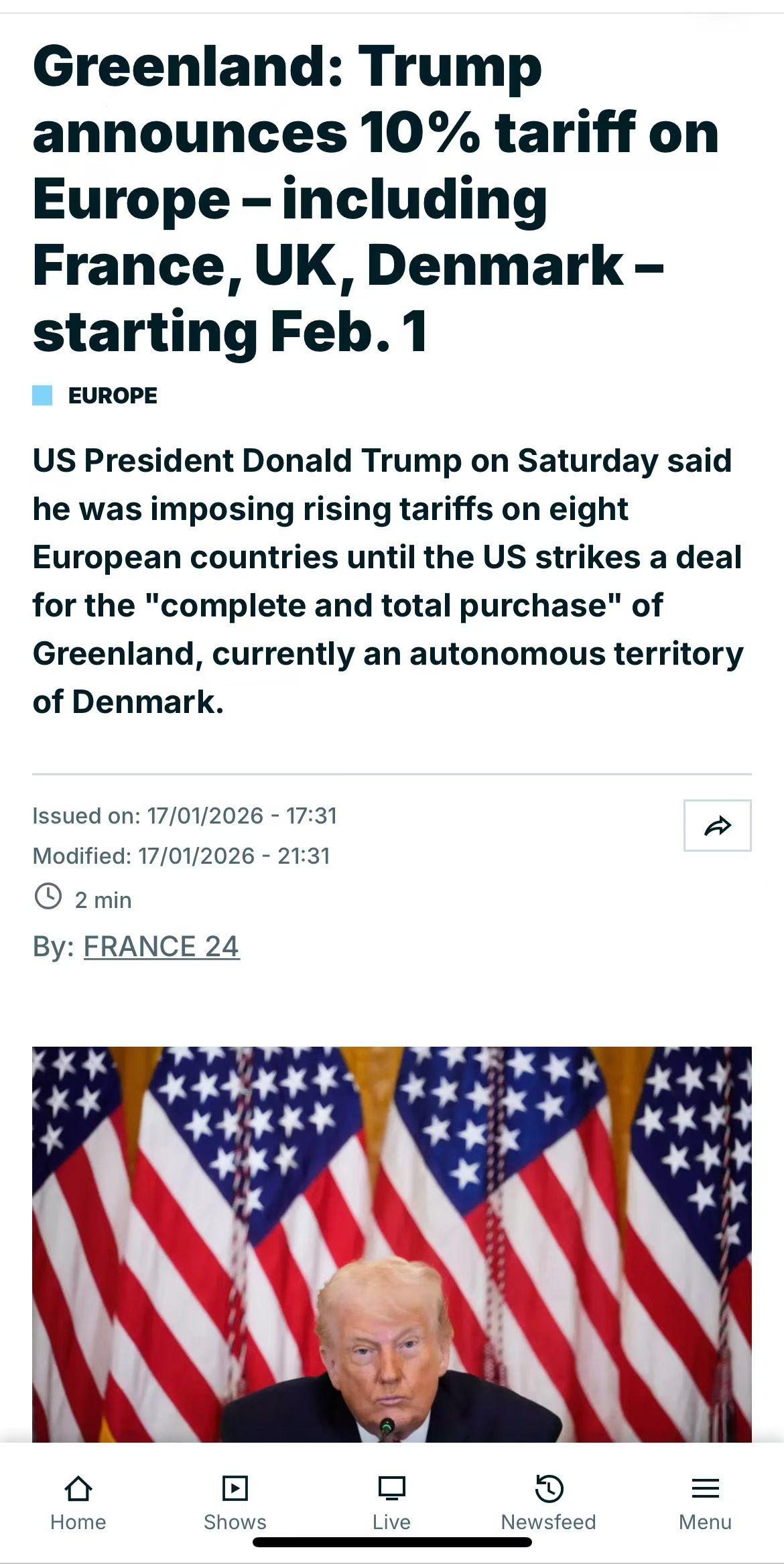 美欧因格陵兰岛问题对抗升级！特朗普就格陵兰岛问题对欧洲8国加征关税。具体内容是：