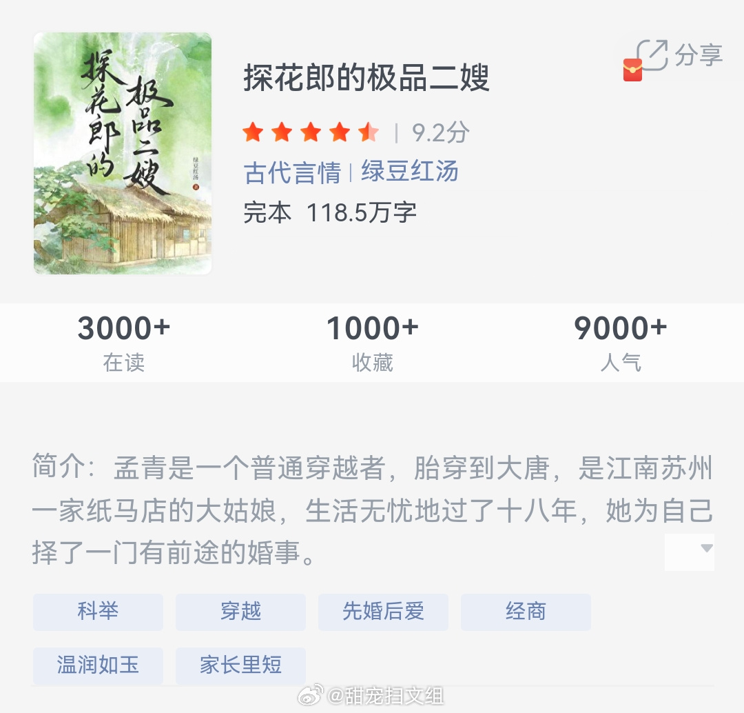 《探花郎的极品二嫂》作者：绿豆红汤孟青是一个普通穿越者，胎穿到大唐，是江南苏州一