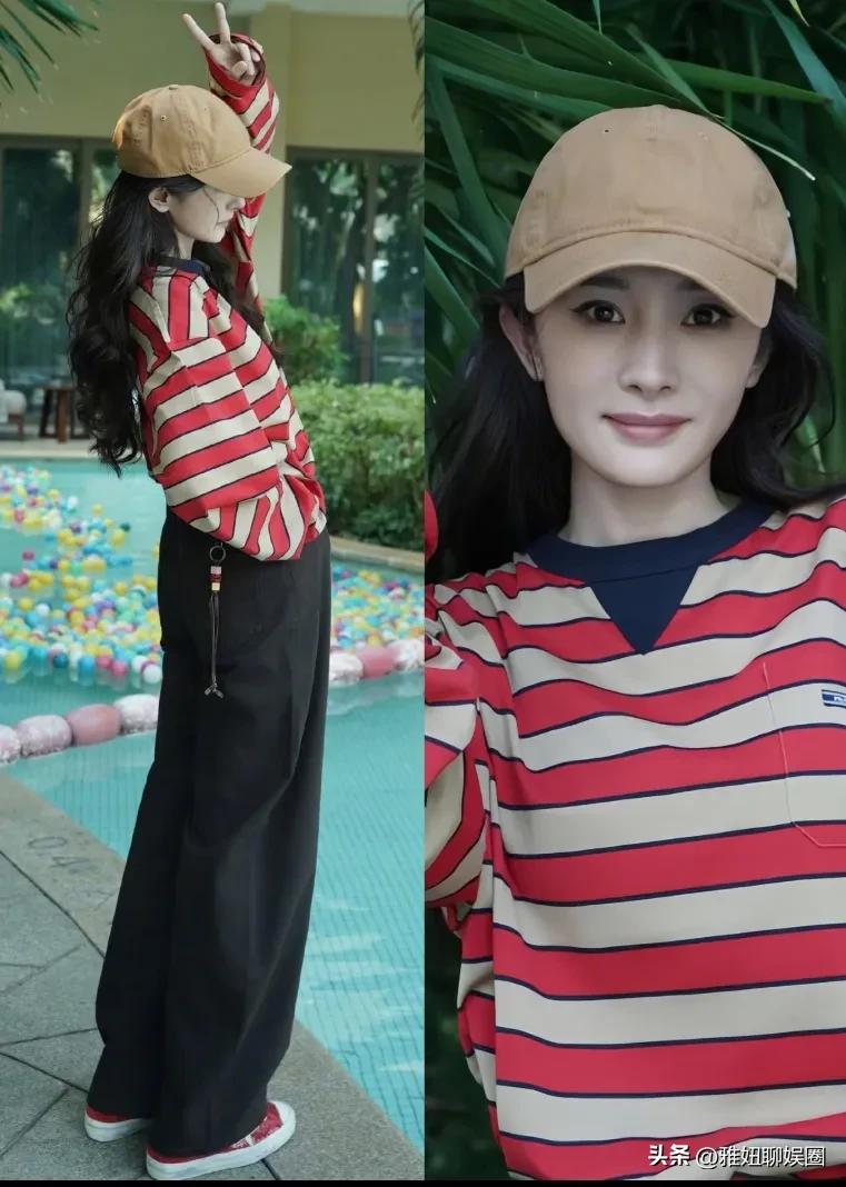 杨幂更新一组私服，这套红色条纹纯棉t恤长袖与黑色休闲长裤，穿出了青春活力时髦感。