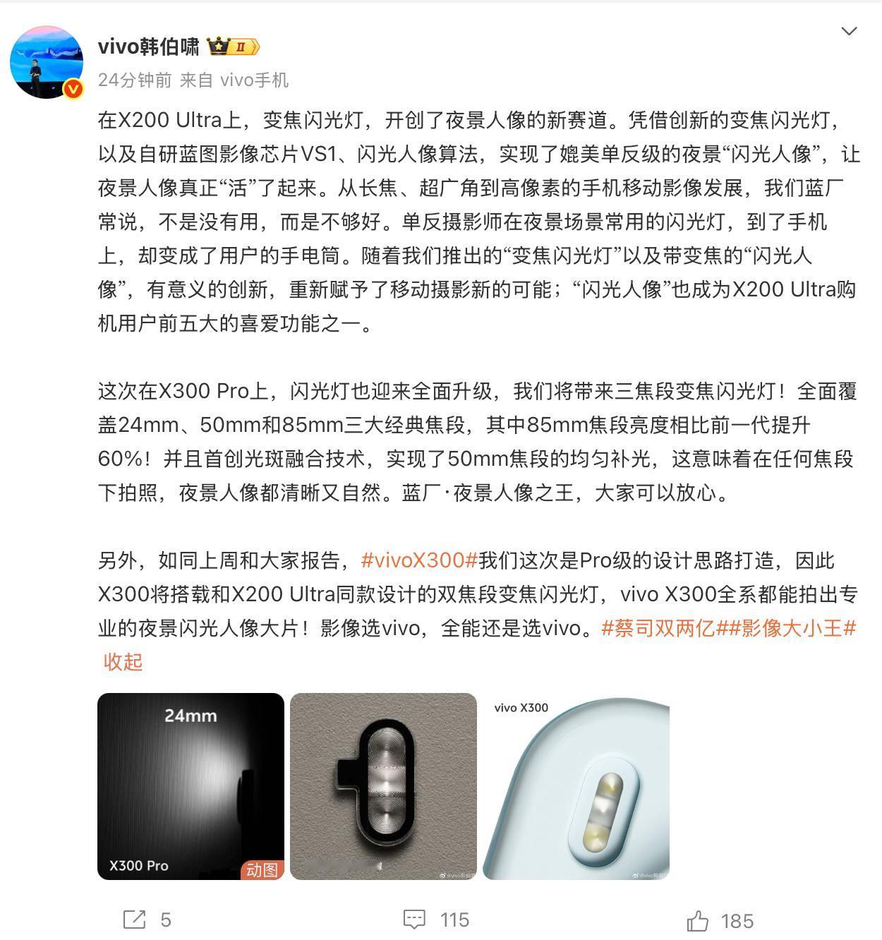 vivo X300：X200 Ultra同款双焦段闪光灯
vivo X300 P