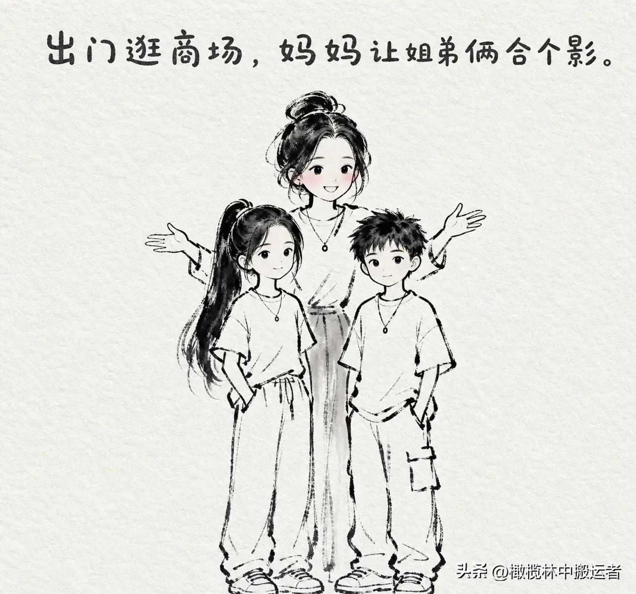 趣味漫画：出门逛商场，妈妈让姐弟俩合个影。弟弟站好了，摆了个自认为很帅的pose