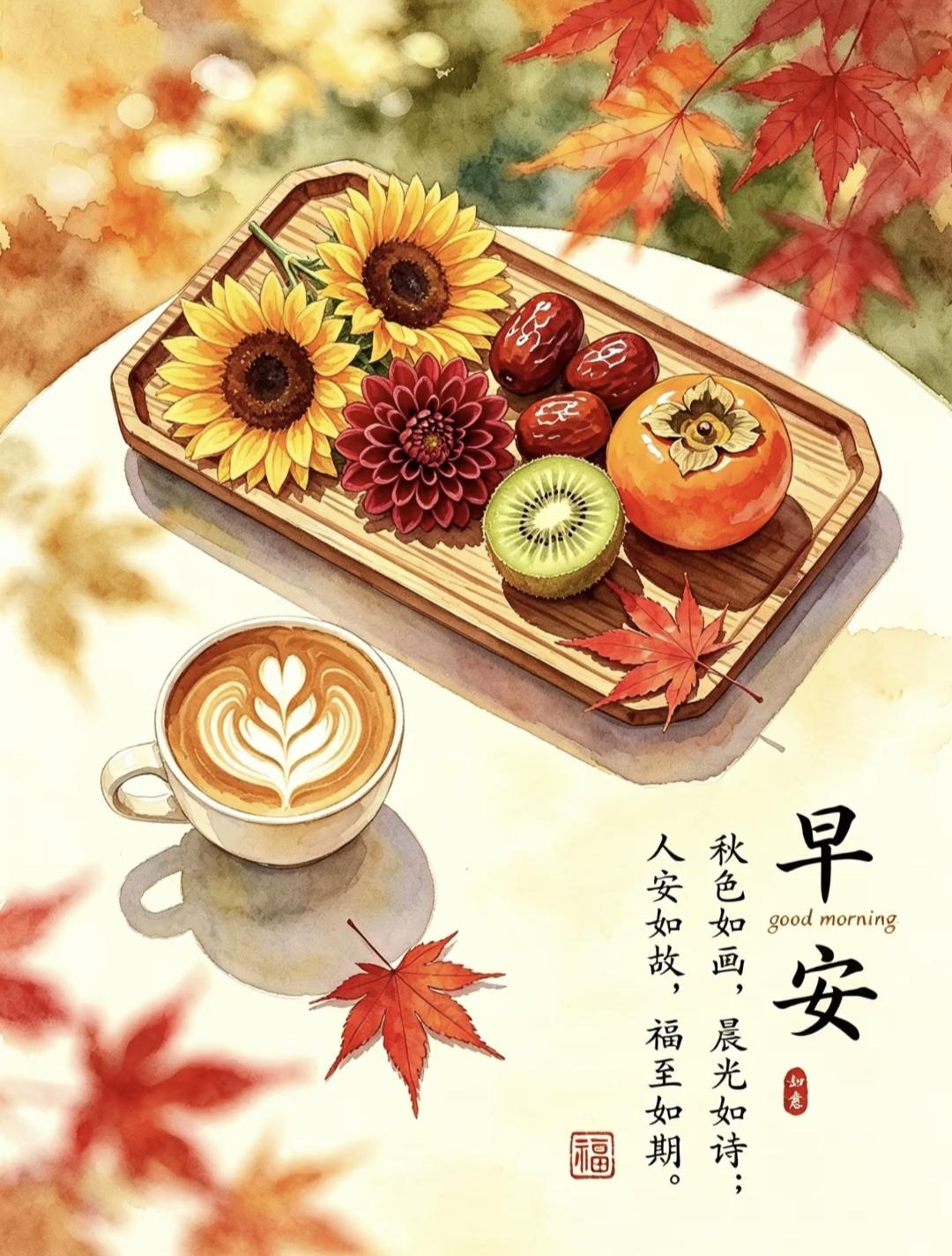 早安吉祥！秋光温软，咖啡香里柿枣甜。石榴粒粒藏金意，猕香满院福绵绵。葵花向阳开，
