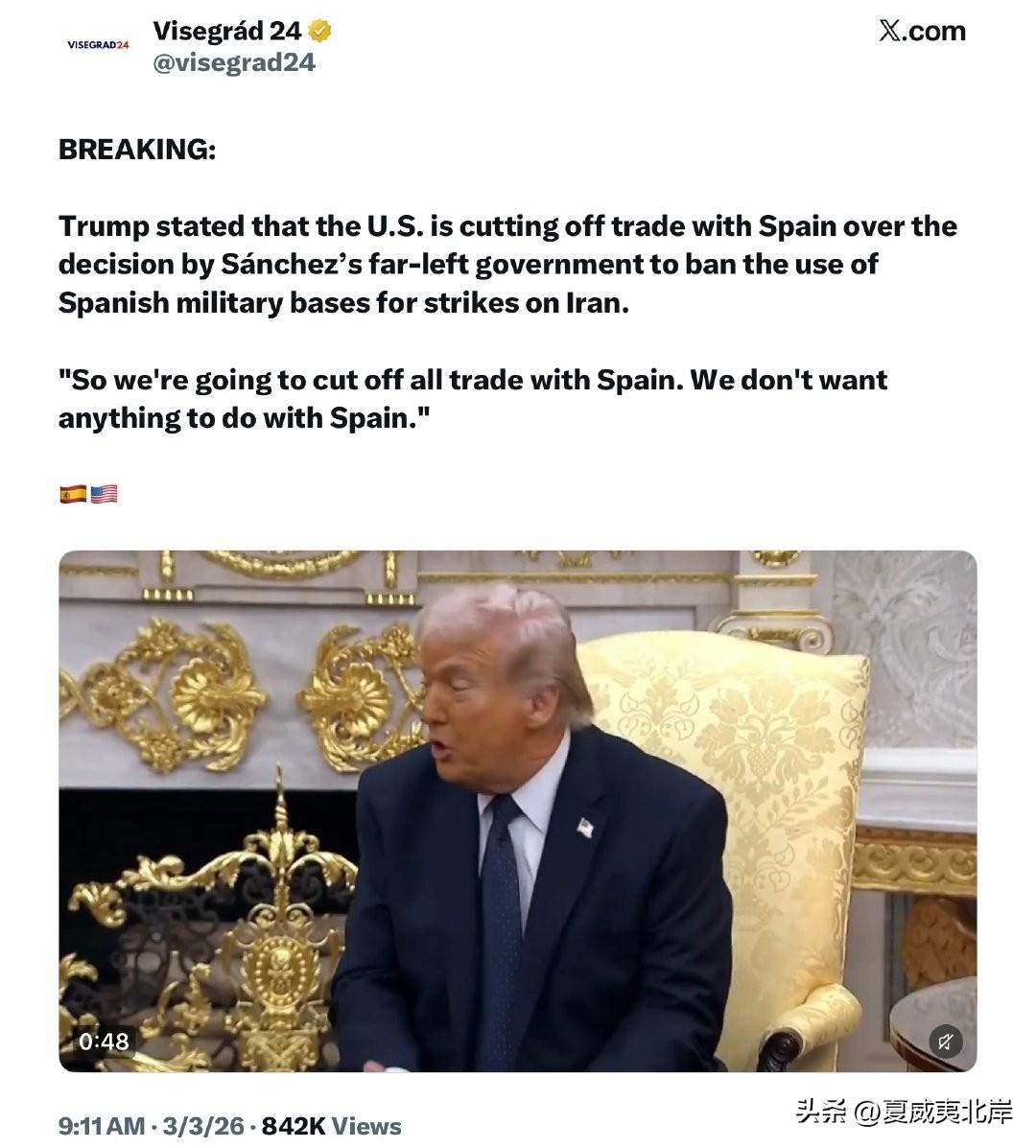 突发：

川普表示，由于 Sánchez 的极左翼政府决定禁止西班牙军事基地被用