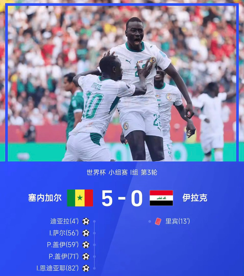 世界杯小组赛I组第3轮，塞内加尔5-0大胜伊拉克。上半场塞克助攻迪亚拉破门，随后