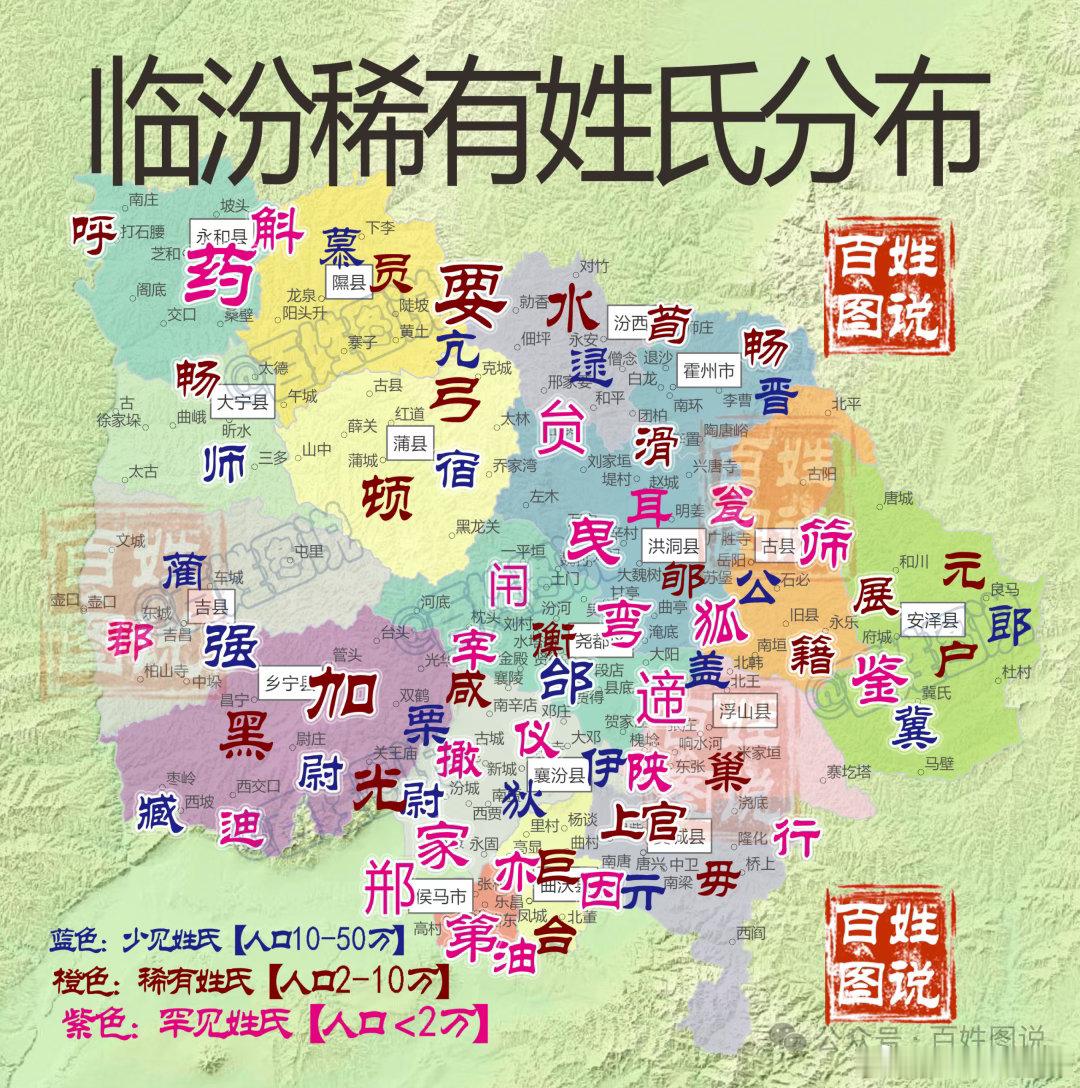 【山西临汾稀有姓氏分布，你见过哪些】临汾稀有少见姓氏中，以师姓1.1万人口最多，