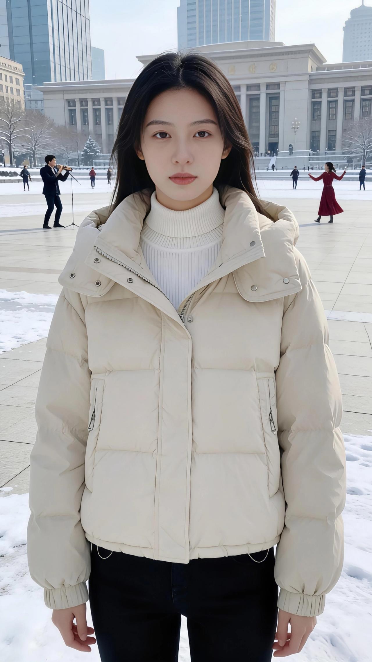 雪落时，她裹着米白的棉服立在广场中央。风把蓬松的帽檐吹得轻晃，毛领沾了星点碎雪，