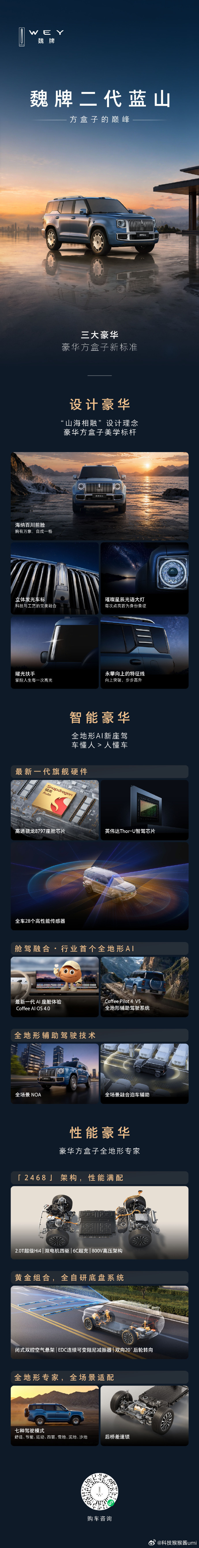 魏牌二代蓝山全新登场，定位 “方盒子的巅峰”，围绕设计、智能、性能三大豪华维度，