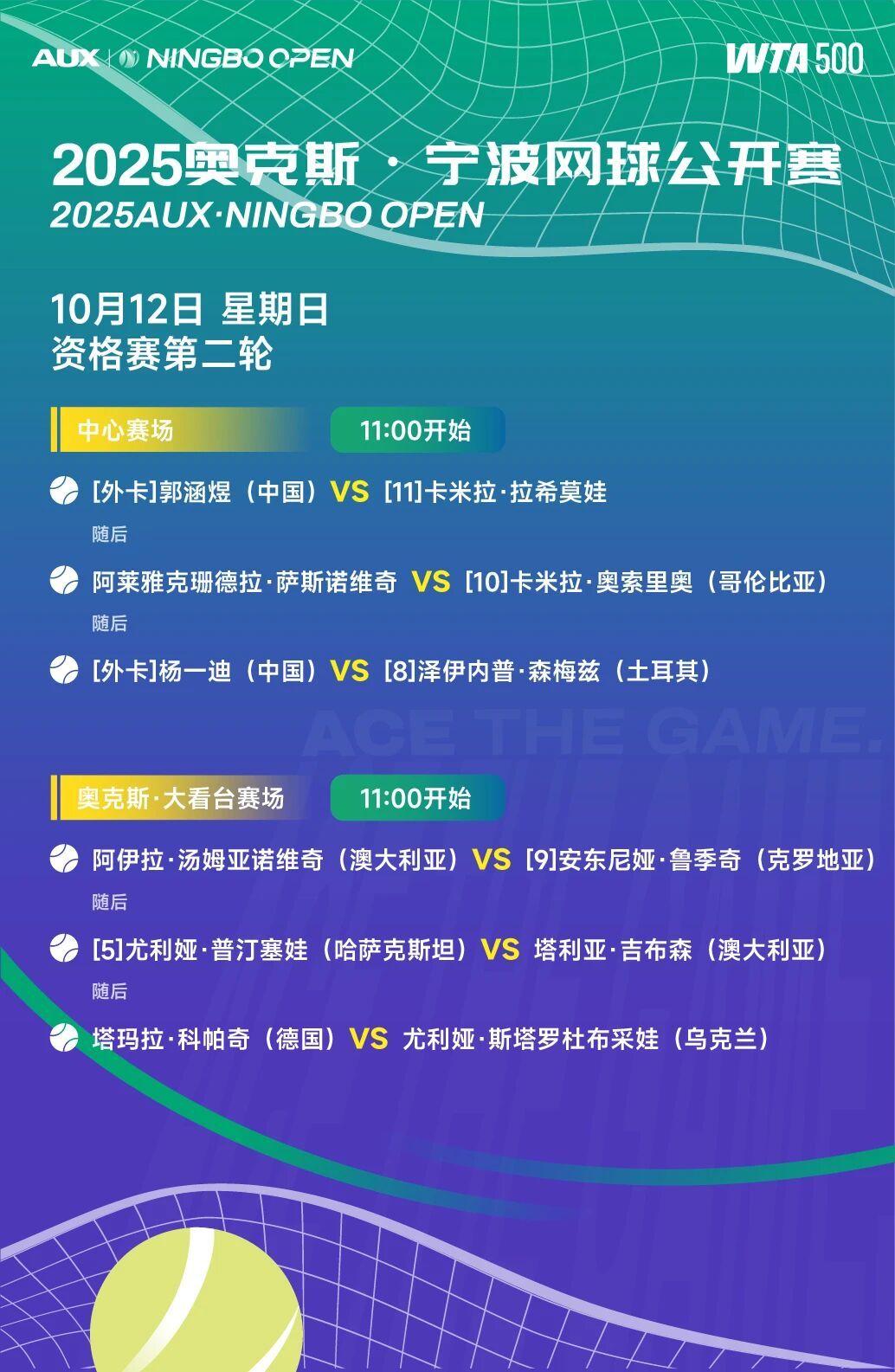 宁波网球公开赛 今日赛程安排，资格赛决胜轮，来给郭涵煜、杨一迪加油！wta[超话