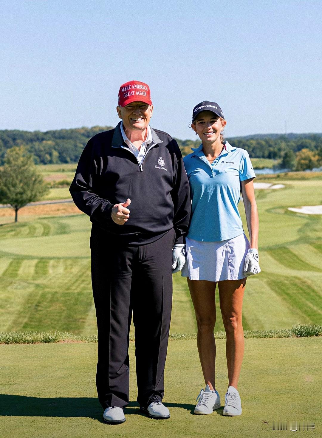 康纳德.特朗普和孙女打高尔夫球。