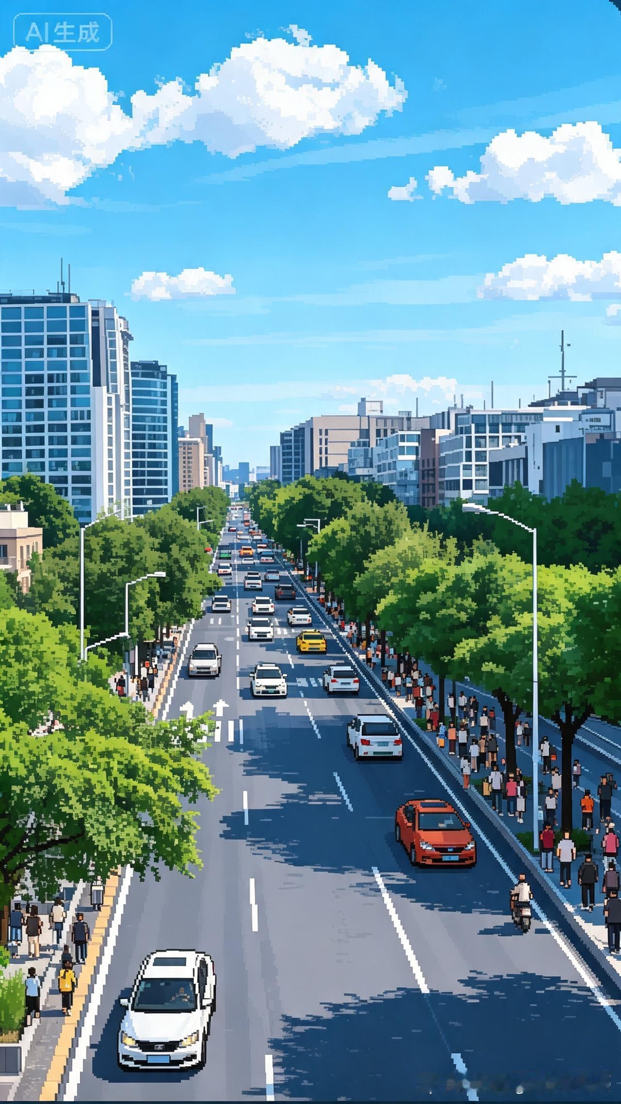 城市街景
碧空如洗浮云悠，
高楼比肩两侧留。
大道坦直通远岫，
绿树成荫映路沟。